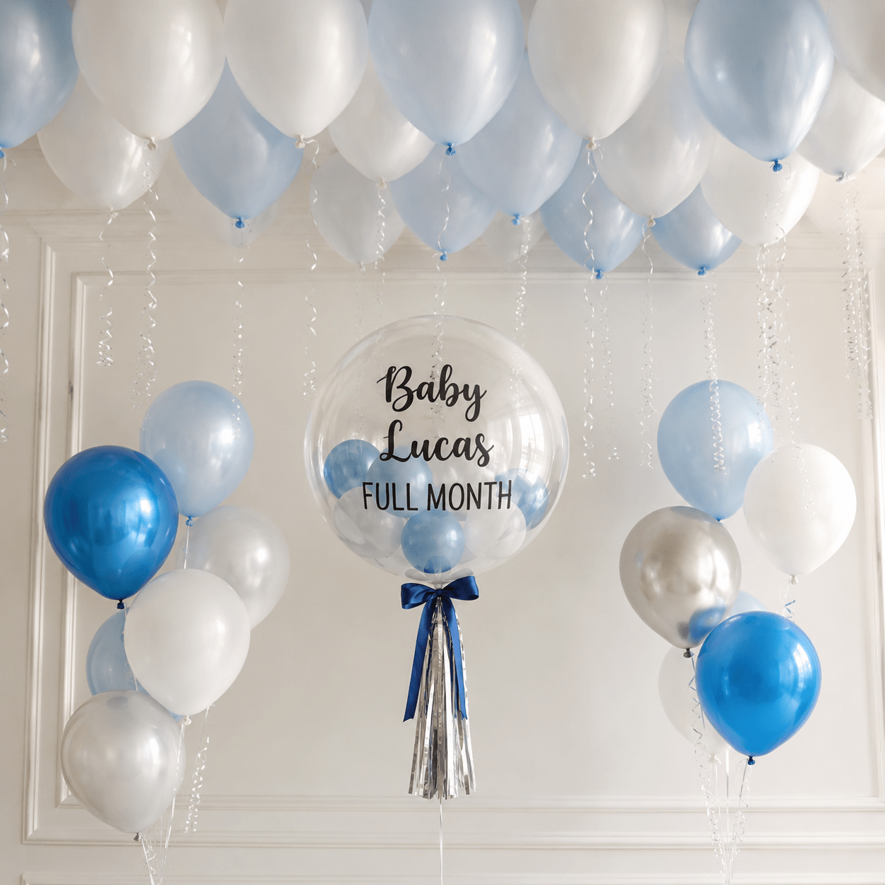 Baby Blue DIY Package with Personalised Bubble Balloon, Blue White Ceiling Balloons and Helium Balloon Bouquets