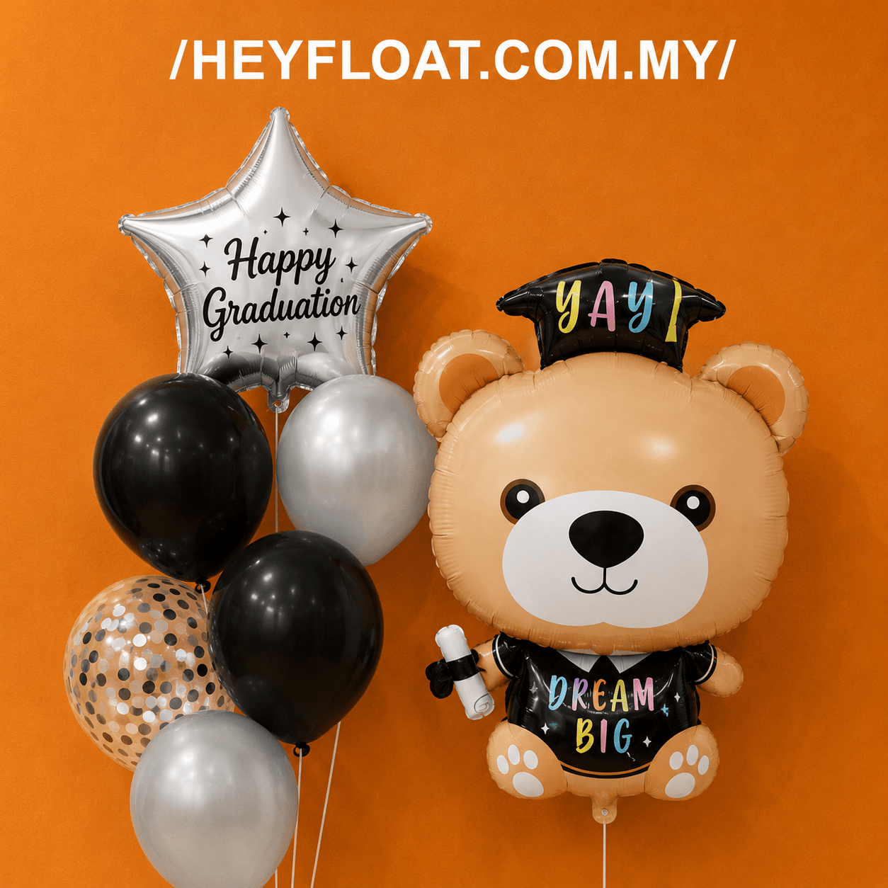 Graduation Bear Balloon Bunch with Silver Happy Graduation Star Foil Balloon and Cute Graduation Bear Helium Balloon Bouquet