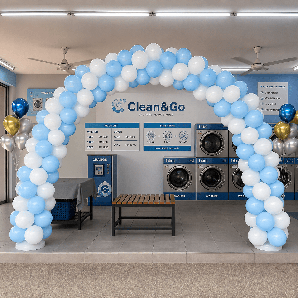 Classic two-colour balloon arch featuring white and light blue balloons, ideal for grand openings, shop entrances and corporate events.
