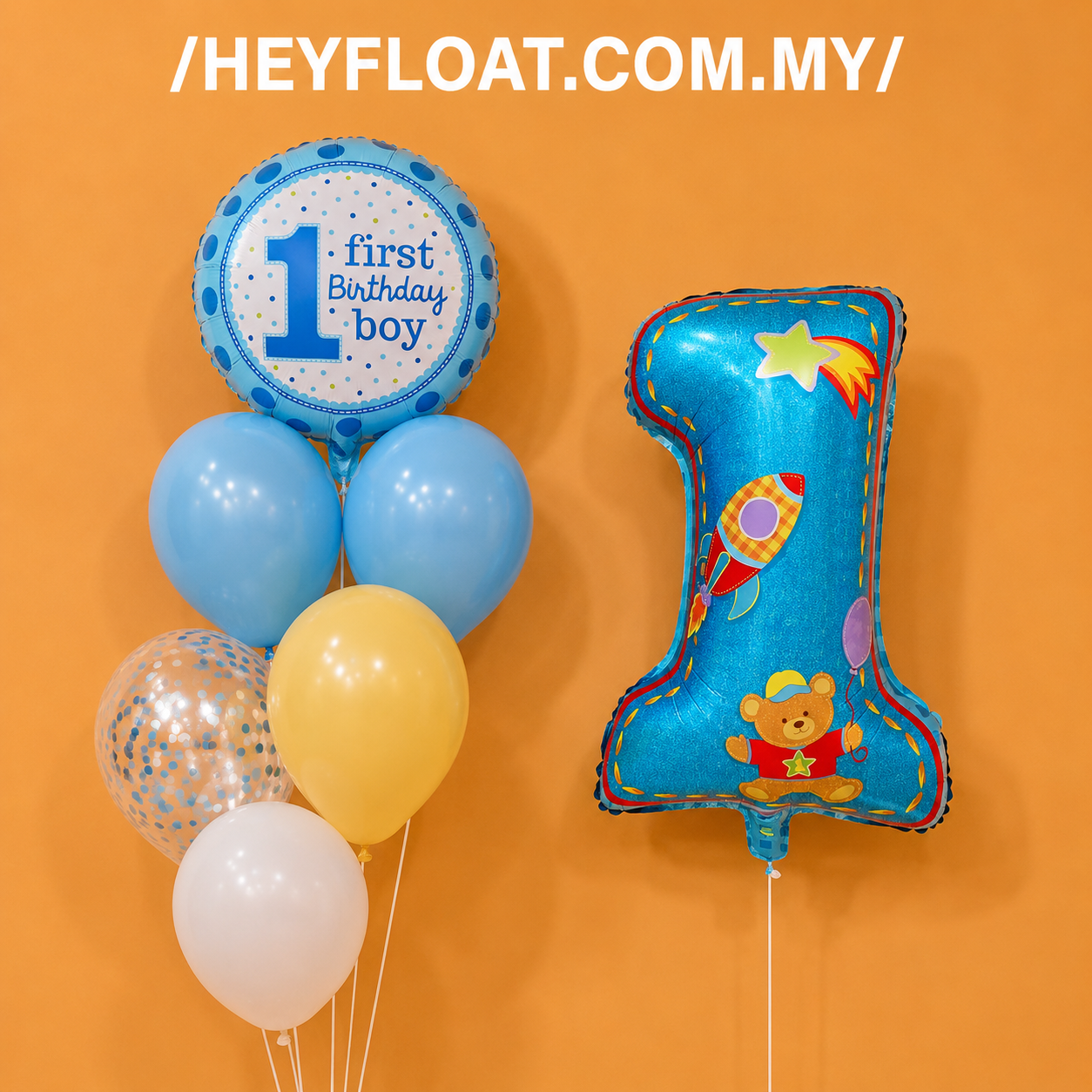 1st Birthday boy balloon bunch with blue number foil and pastel balloons Malaysia