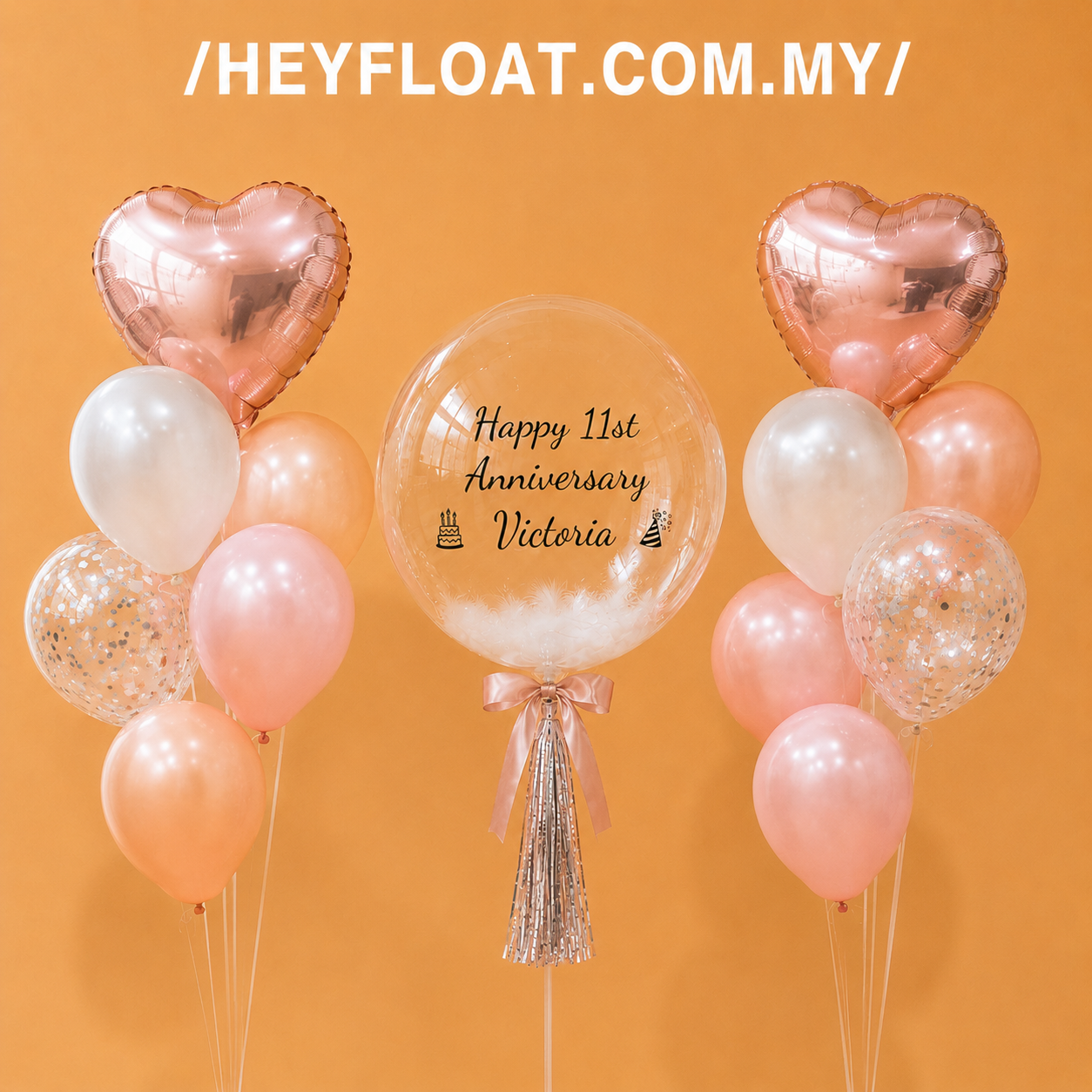 24" personalised anniversary bubble balloon with pink, peach, white and rose gold balloons in Penang, Malaysia
