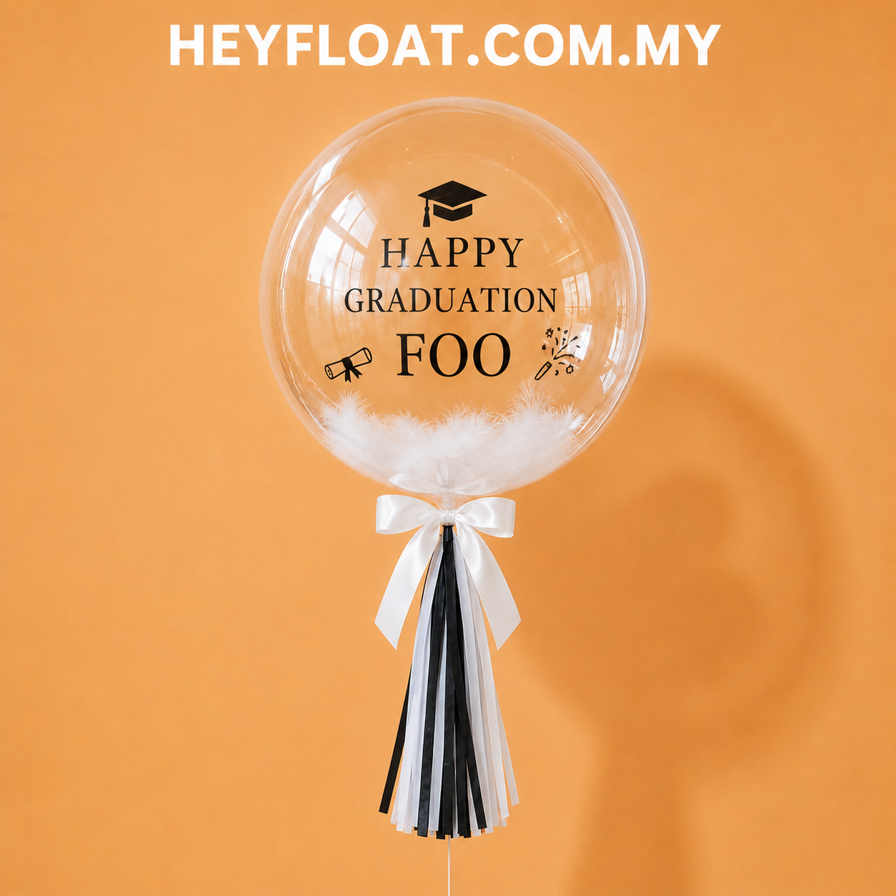 24" personalised graduation feather bubble balloon with white feathers and black tassel in Penang, Malaysia