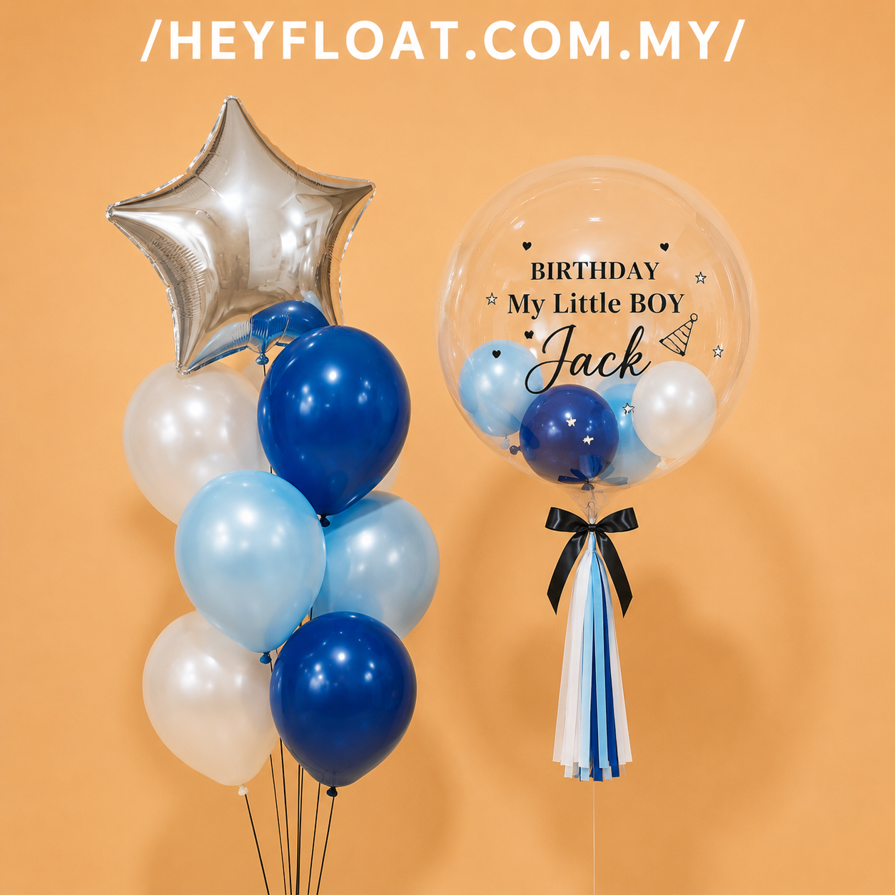 24" Ashton bubble balloon bunch with blue, white and silver balloons for a boy's birthday, In Penang, Malaysia