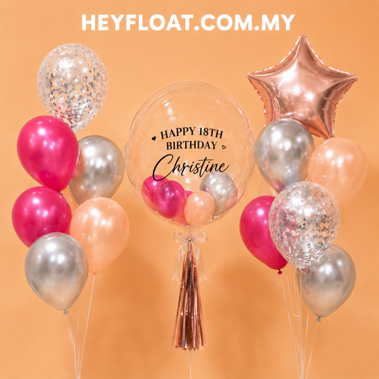 24" Bellarose bubble balloon bunch with pink, peach, silver and rose gold balloons, In Penang, Malaysia