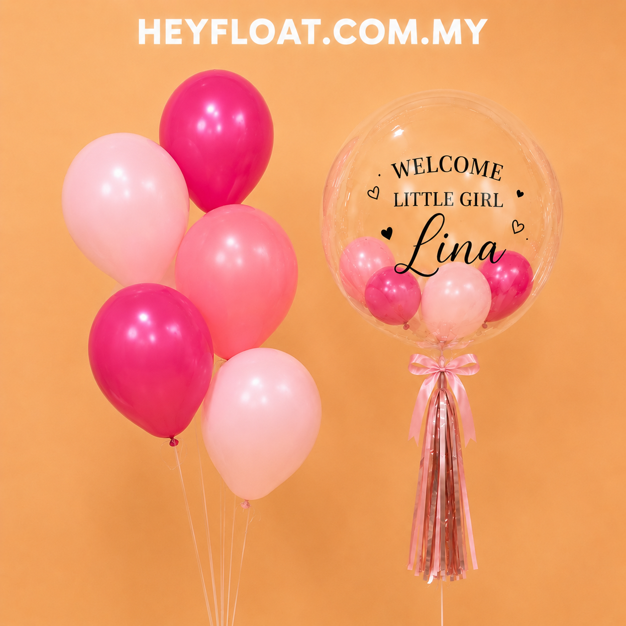24" Juliette bubble balloon bunch with pink balloons for a baby girl, In Penang, Malaysia