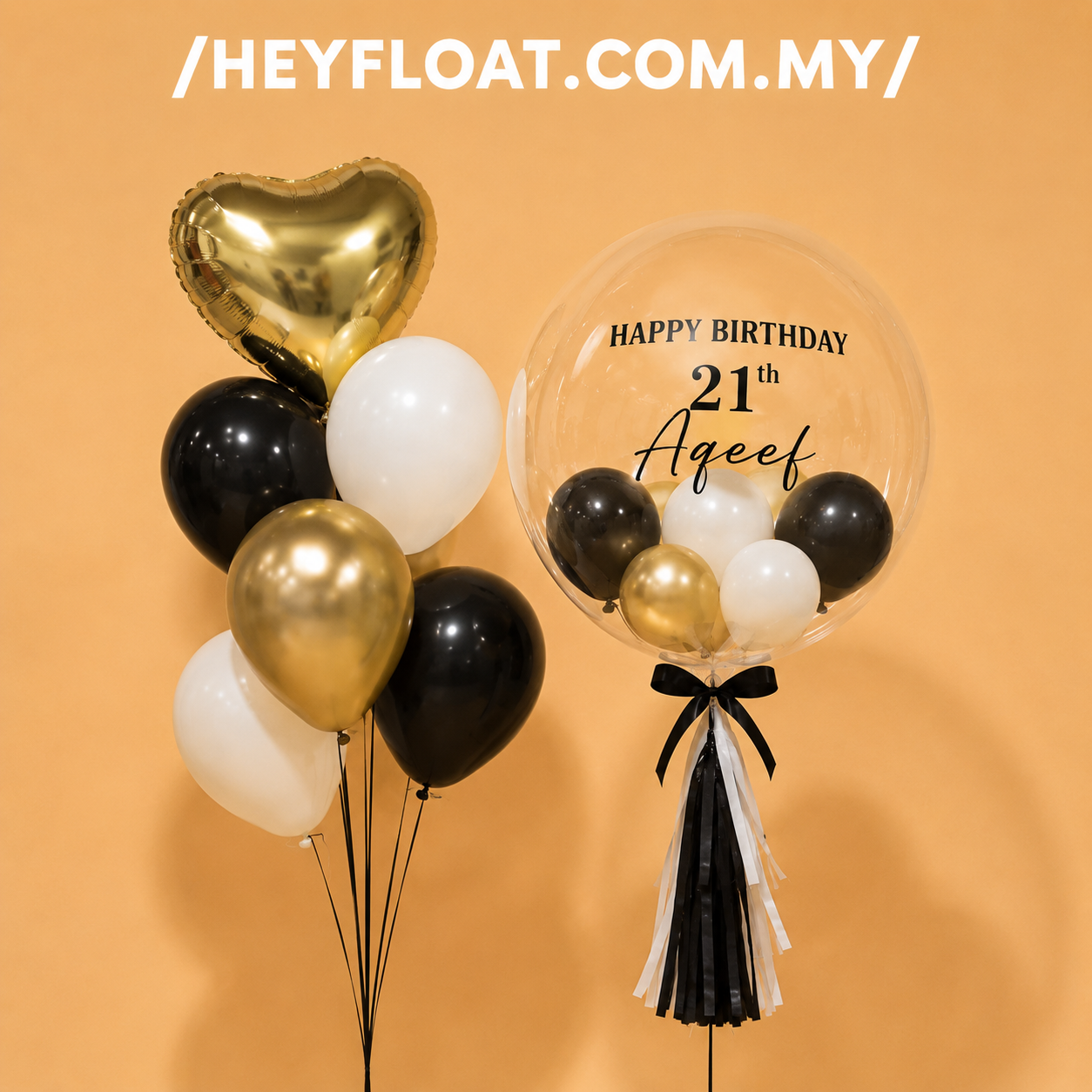 24" Onyx bubble balloon bunch with black, white and gold balloons for a birthday, In Penang, Malaysia