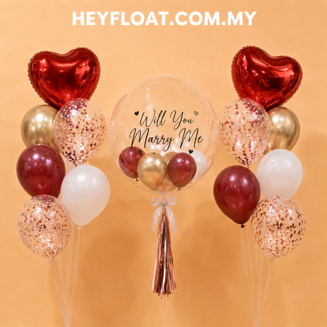 24" Timeless Romance bubble balloon bunch with red, gold and white balloons in Penang, Malaysia