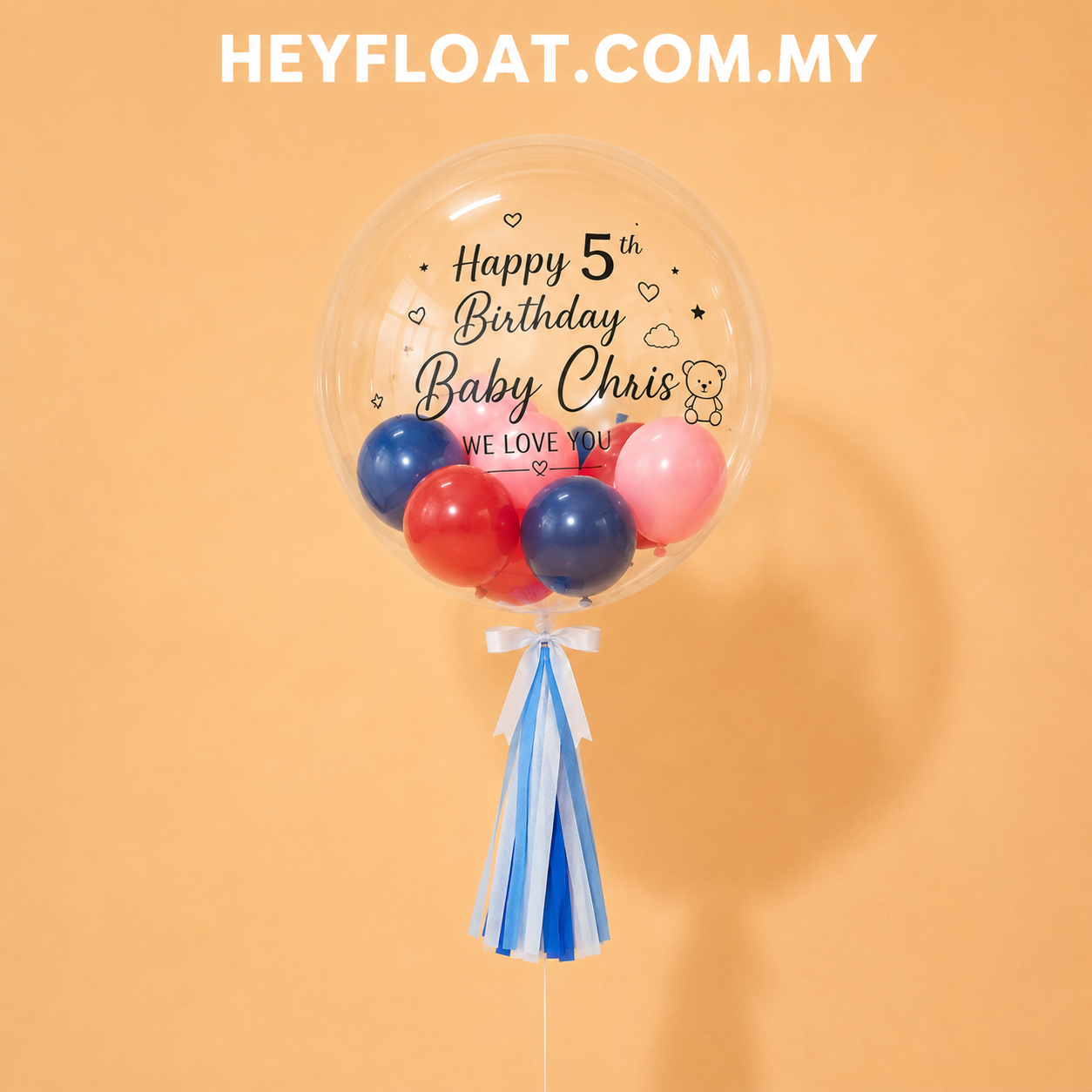24" personalised birthday bubble balloon with red, navy and pink balloons in Penang, Malaysia
