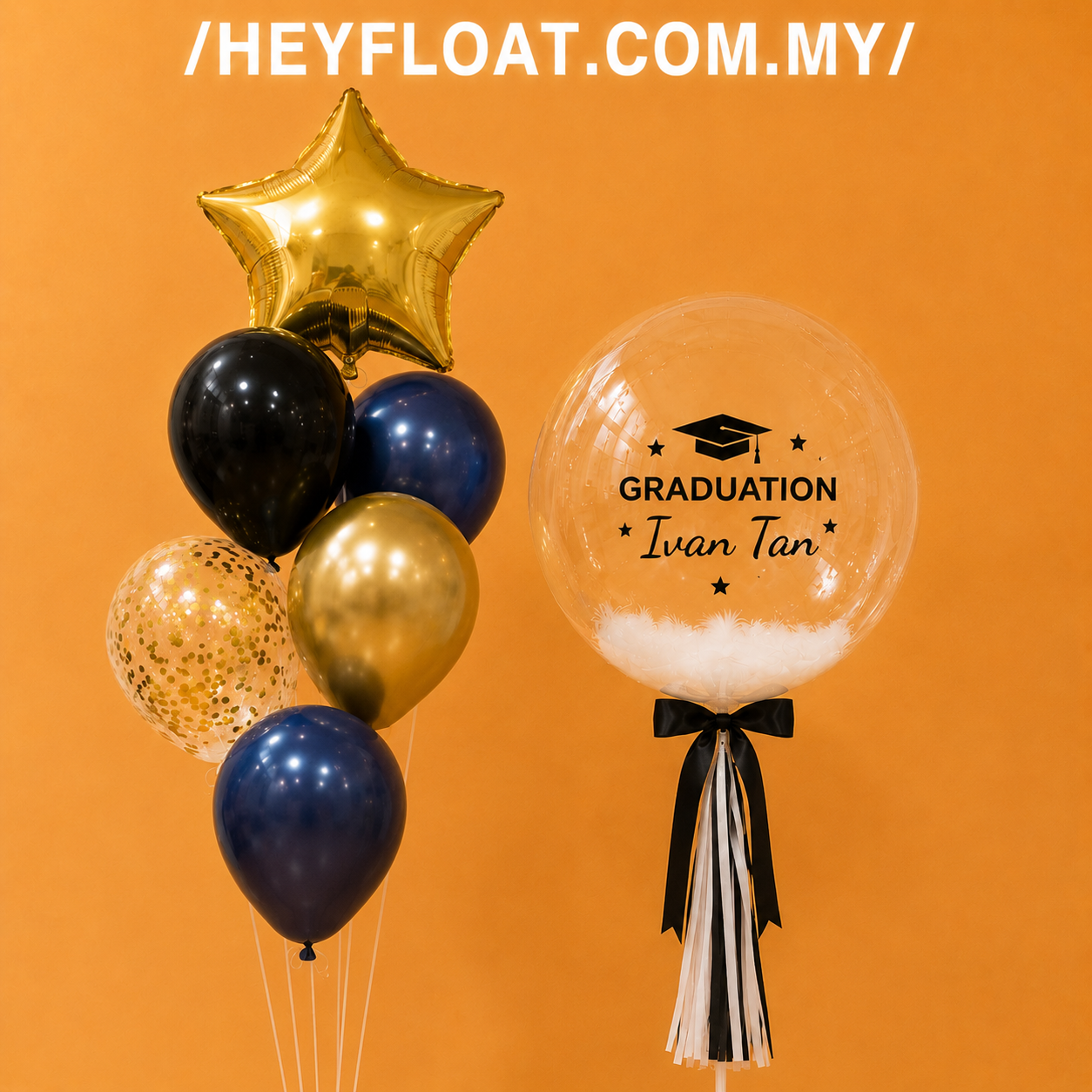 24" personalised graduation bubble balloon with gold, black and navy balloons in Penang, Malaysia