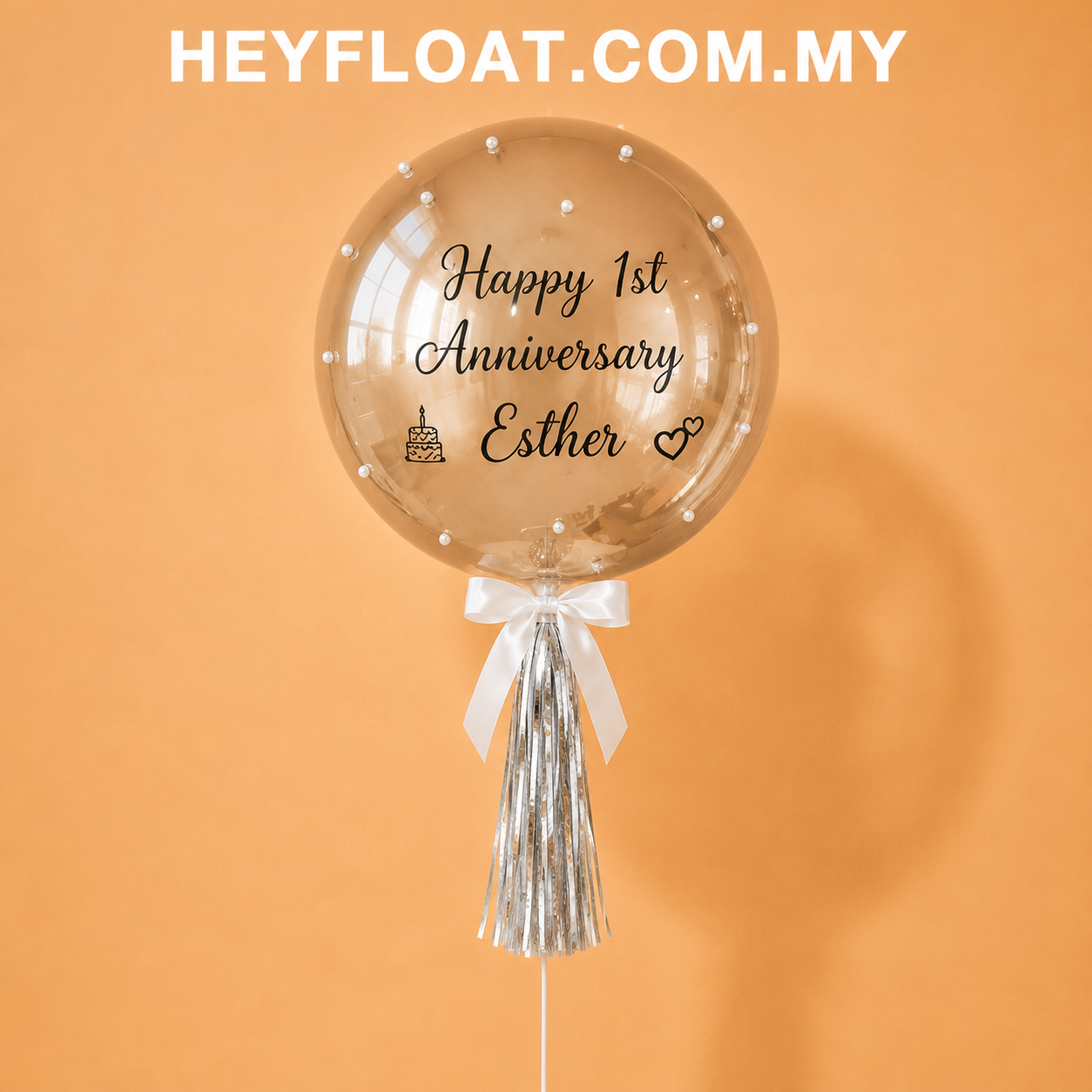 24" personalised pearl bubble balloon with white ribbon and silver tassel in Penang, Malaysia