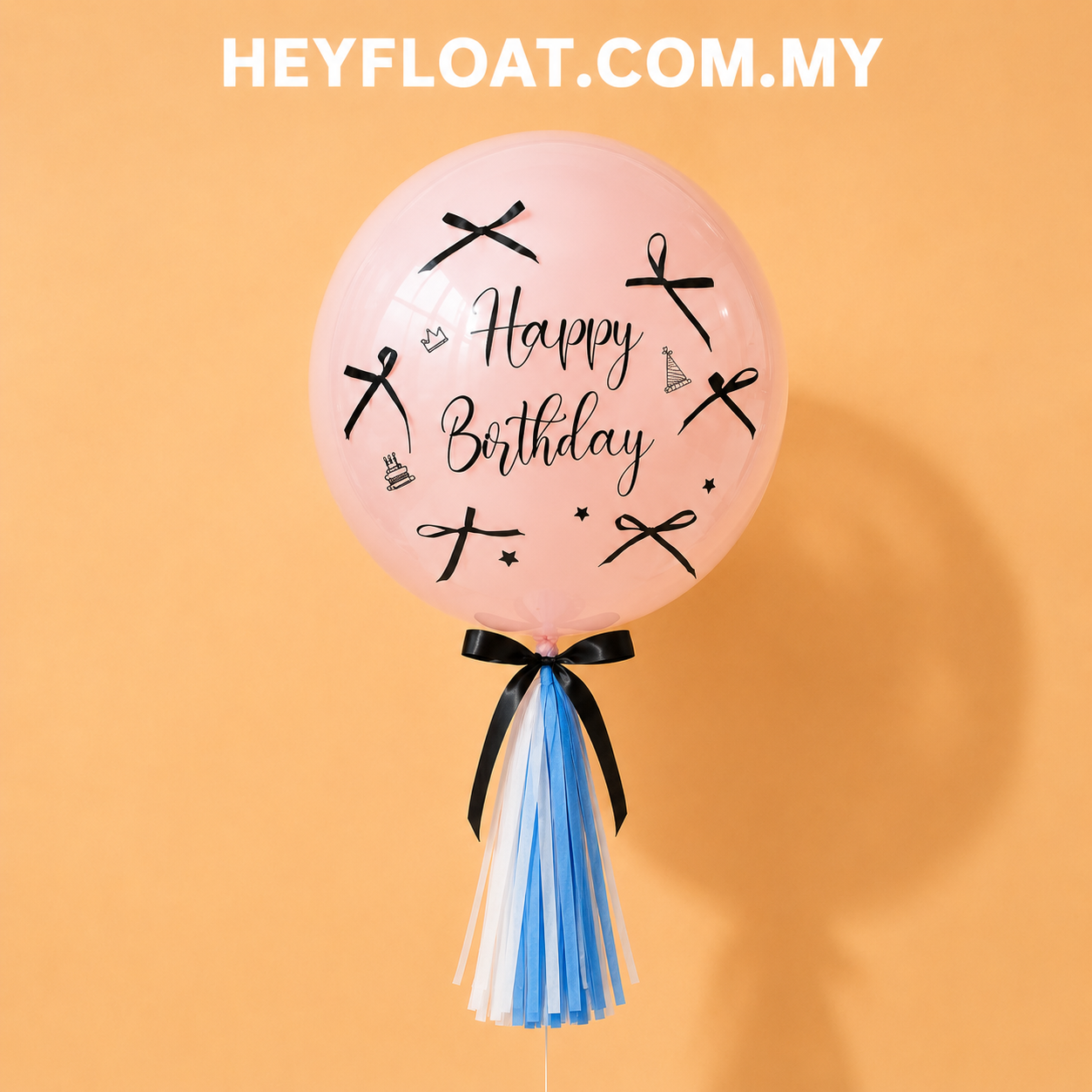 24" personalised pink birthday bubble balloon with black bow and blue-white tassel in Penang, Malaysia