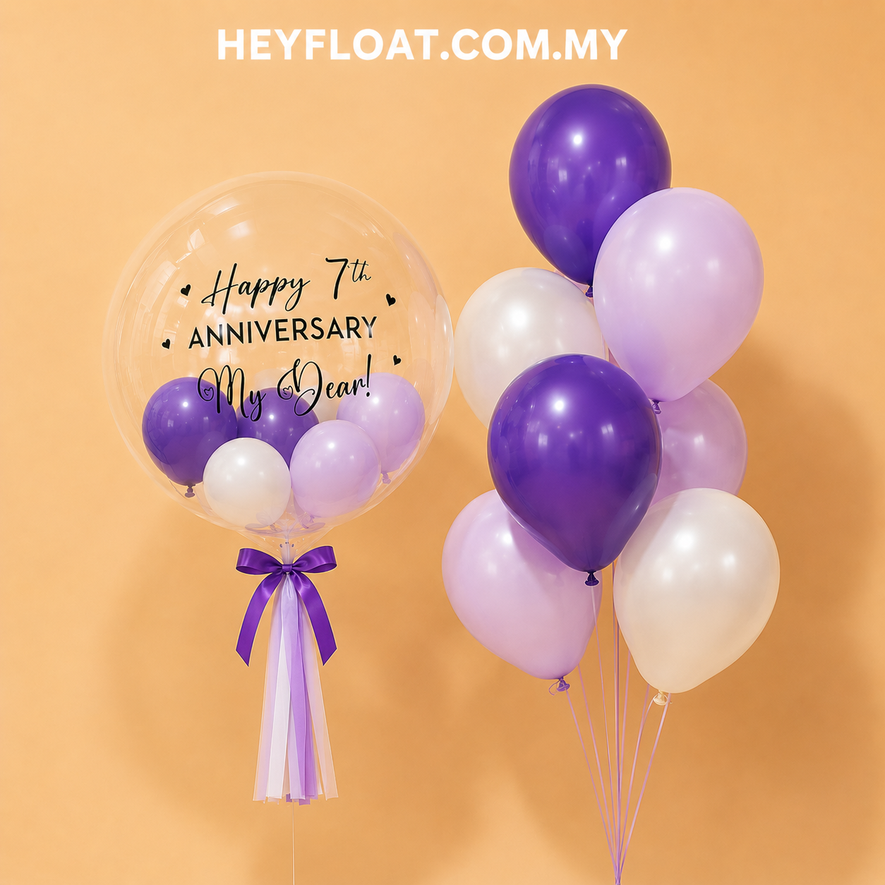 24" Violet Bubble Balloon Bunch with personalised message and helium balloons in Penang, Malaysia