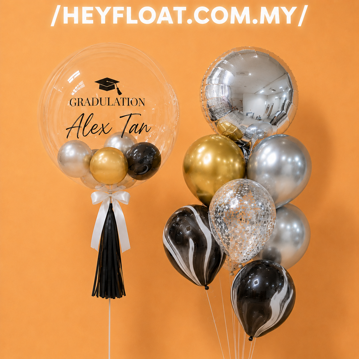 24" Personalised Graduation Bubble Balloon Bunch in Gold Silver and Black Malaysia