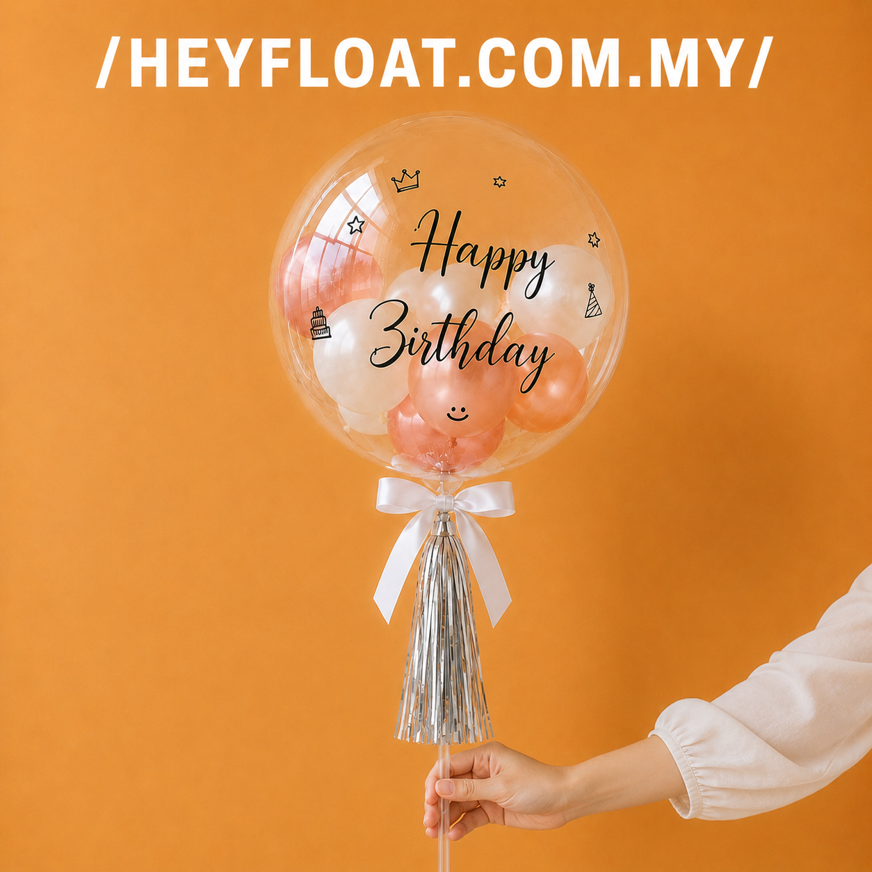 Lily bubble balloon with pastel mini balloons, Happy Birthday print and tassel for birthday celebrations in Penang Malaysia