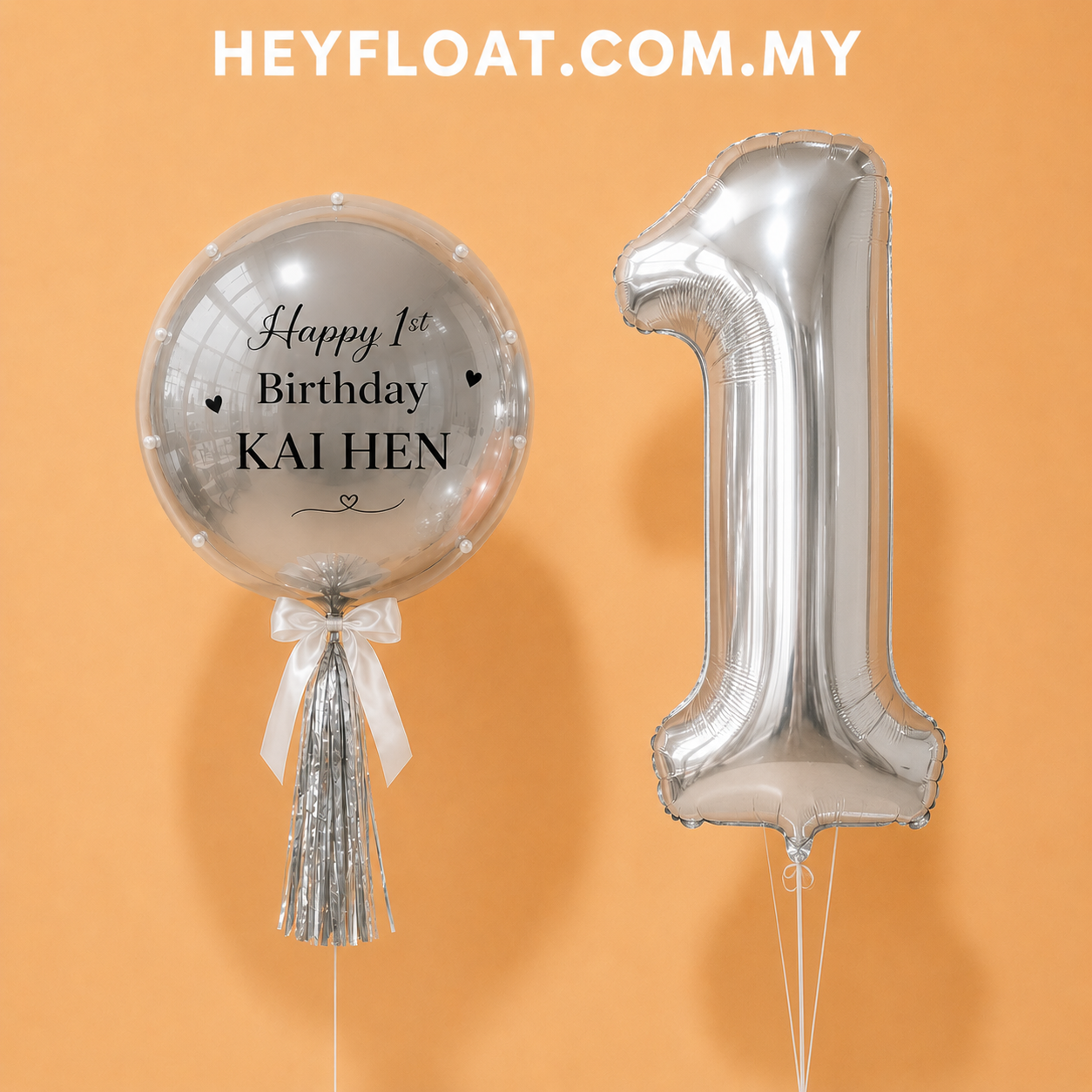 24" Personalised 1st Birthday Bubble Balloon with Silver Number 1 Malaysia