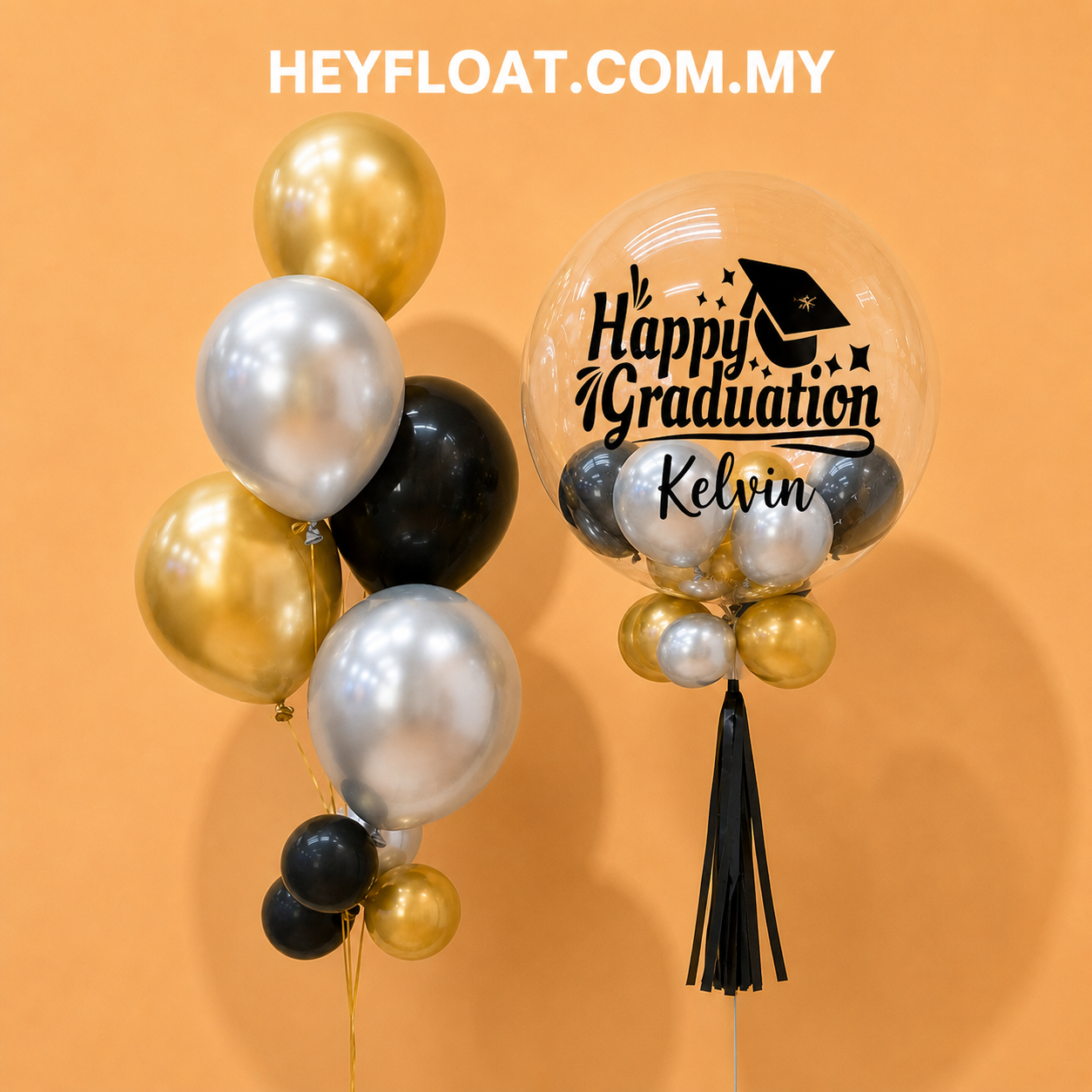 24" Orion graduation bubble balloon bunch with personalised message and gold silver black balloons in Penang, Malaysia