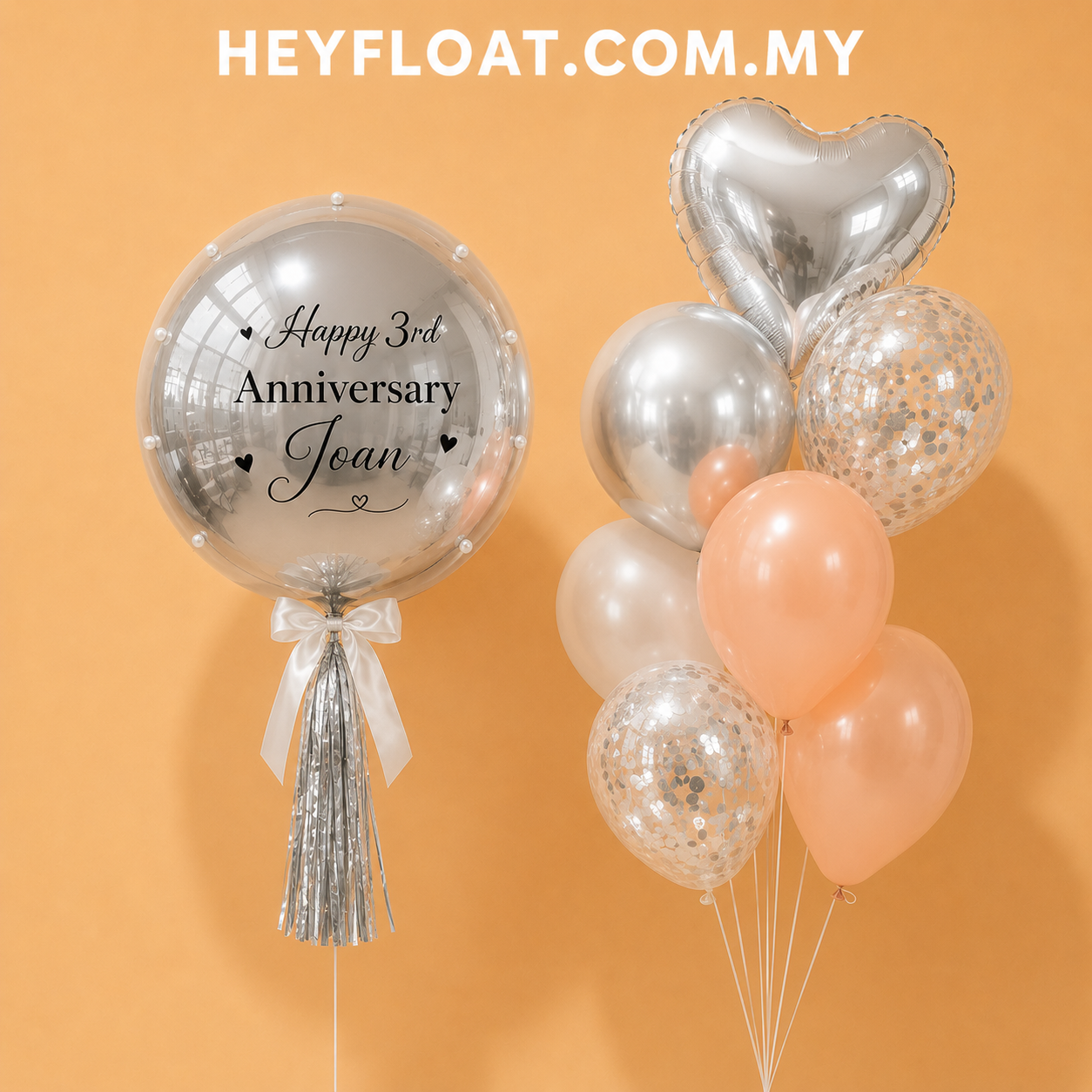 24" Personalised Anniversary Bubble Balloon Bunch in Silver and Peach Malaysia