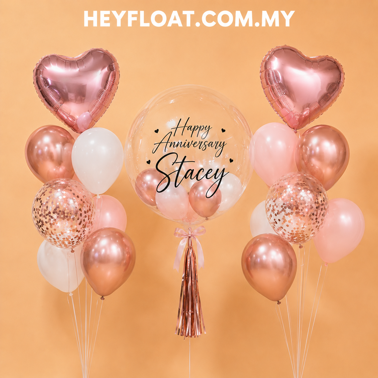 24" Vivienne bubble balloon bunch with personalised message, pink white rose gold balloons and heart foils, In Malaysia