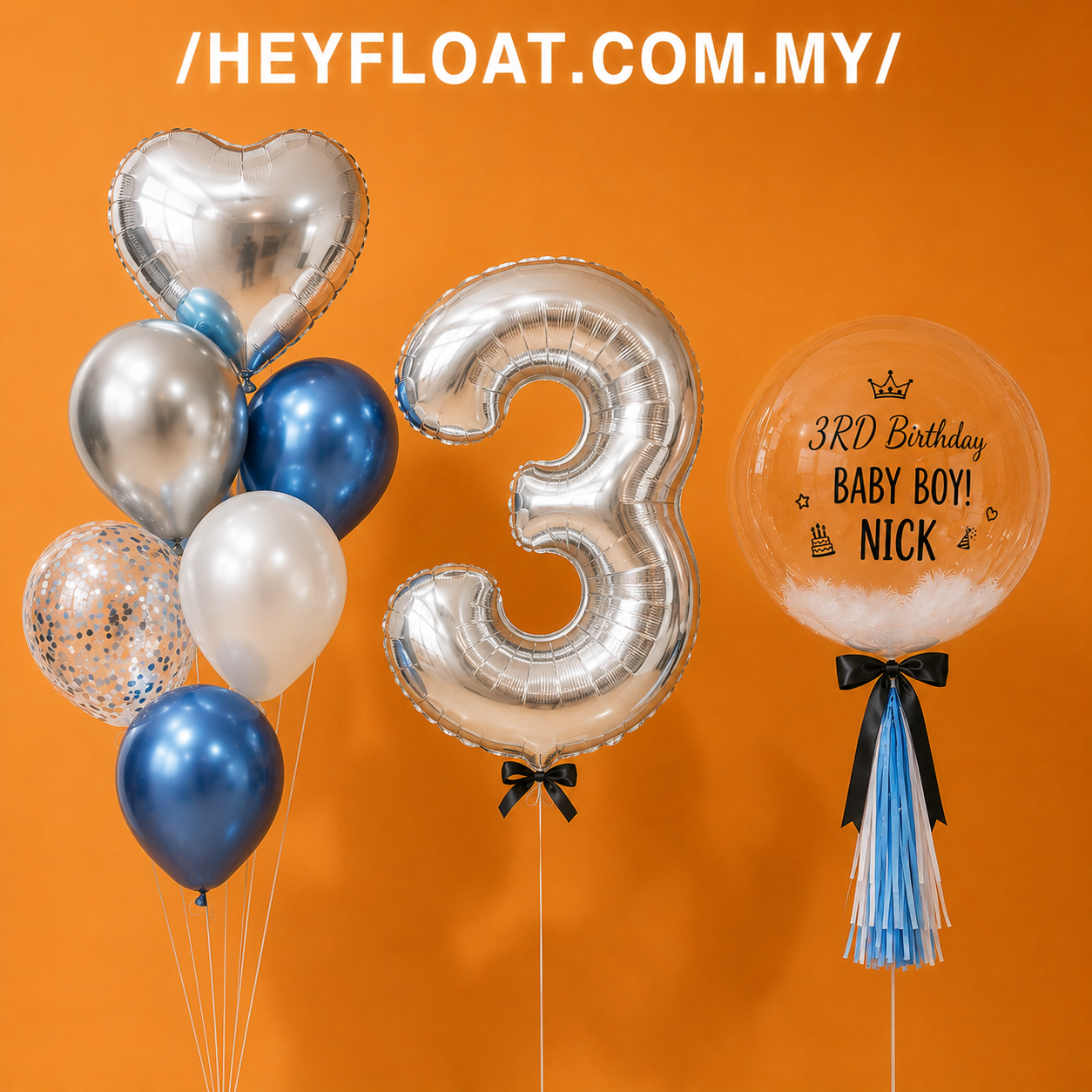 40" Hudson number foil balloon bunch with blue, silver and white balloons, In Penang, Malaysia