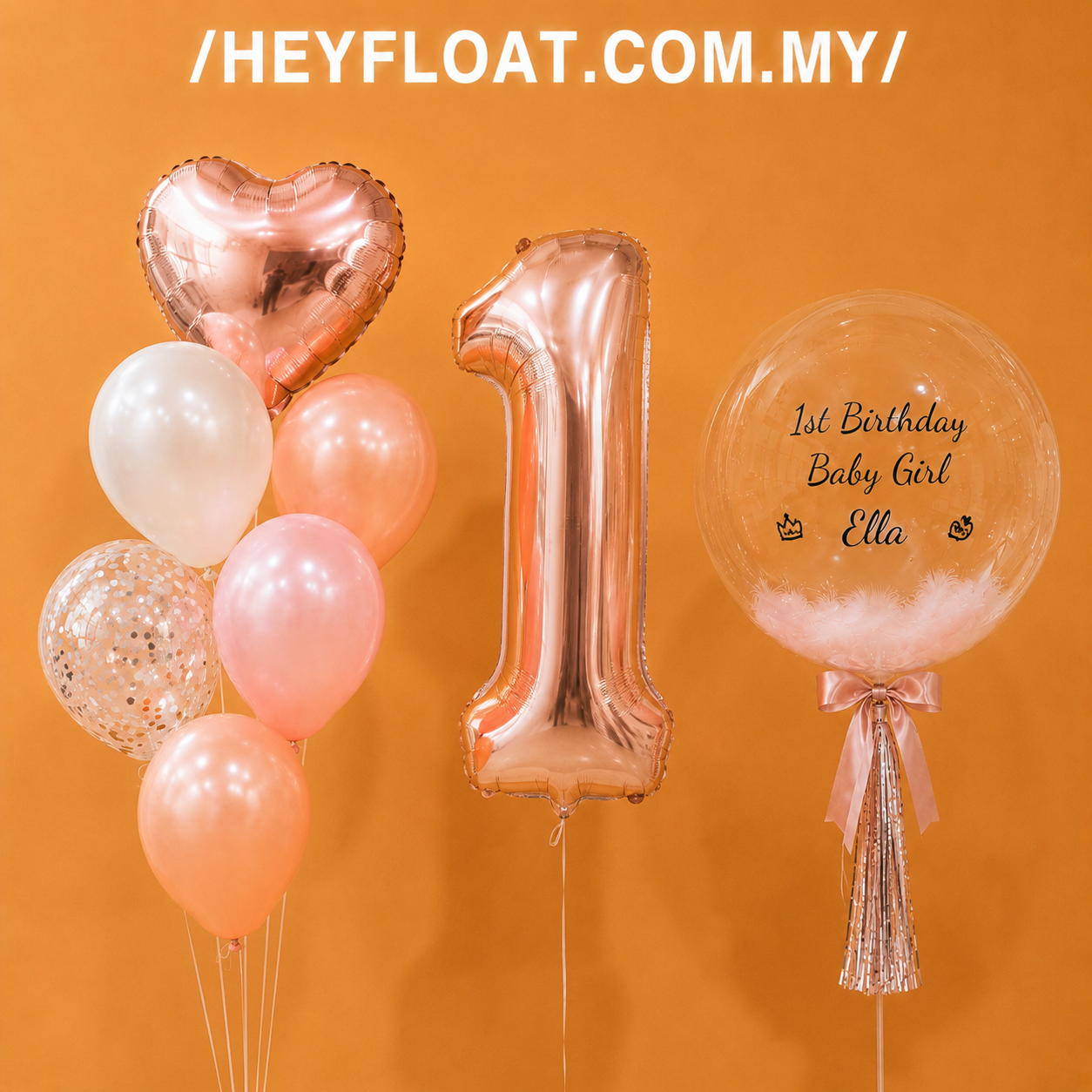 Charlotte number foil balloon bunch with rose gold balloons and personalised bubble balloon, In Penang, Malaysia