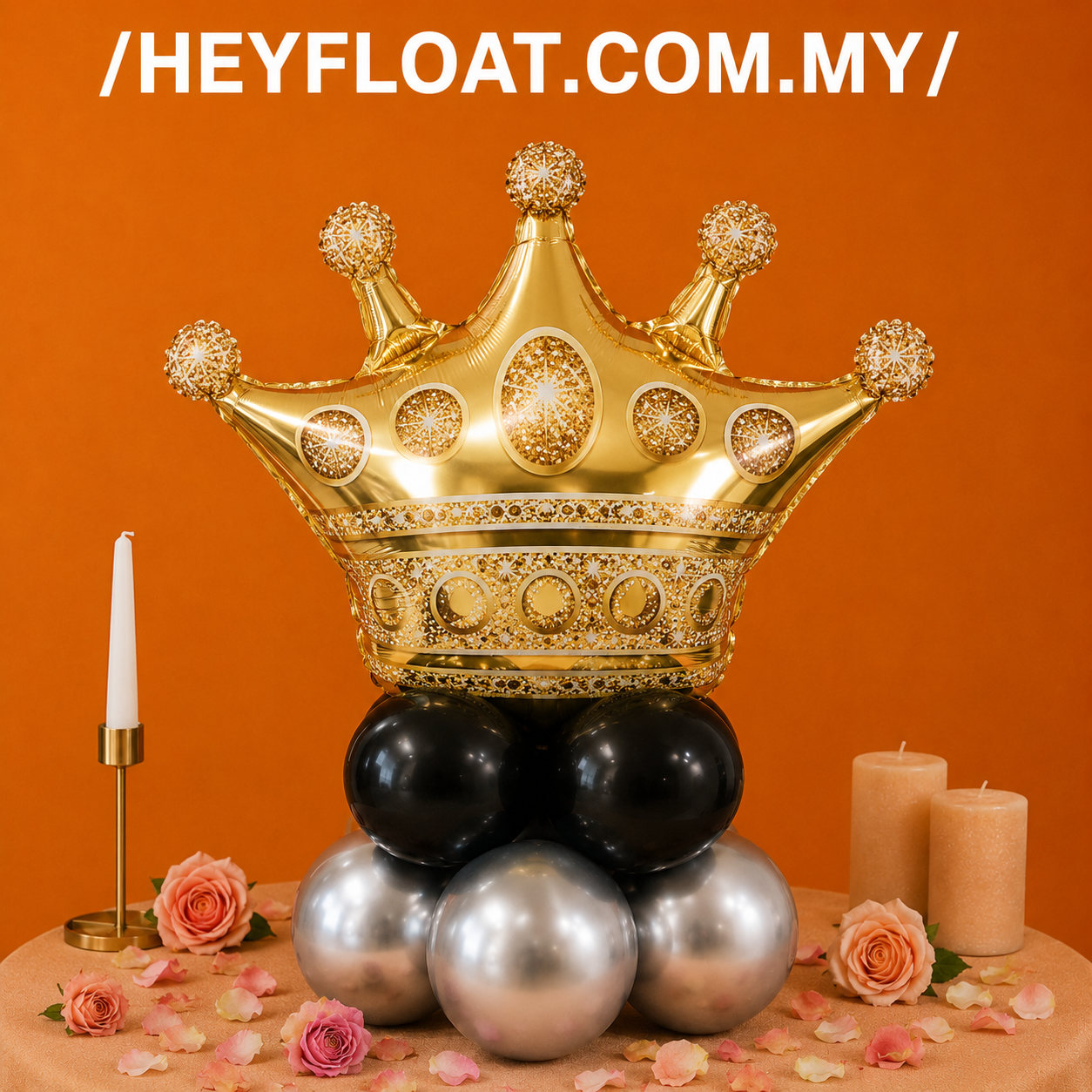 Gold Crown Balloon Column with Black and Silver Balloons for Birthday Celebration Malaysia