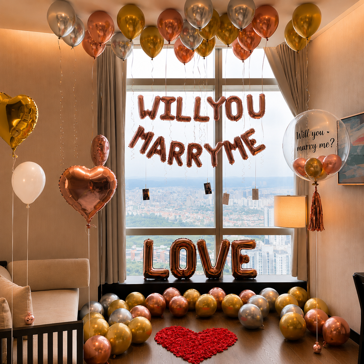 Create a meaningful marriage proposal with personalised memories, rose gold balloons, fairy lights and romantic.