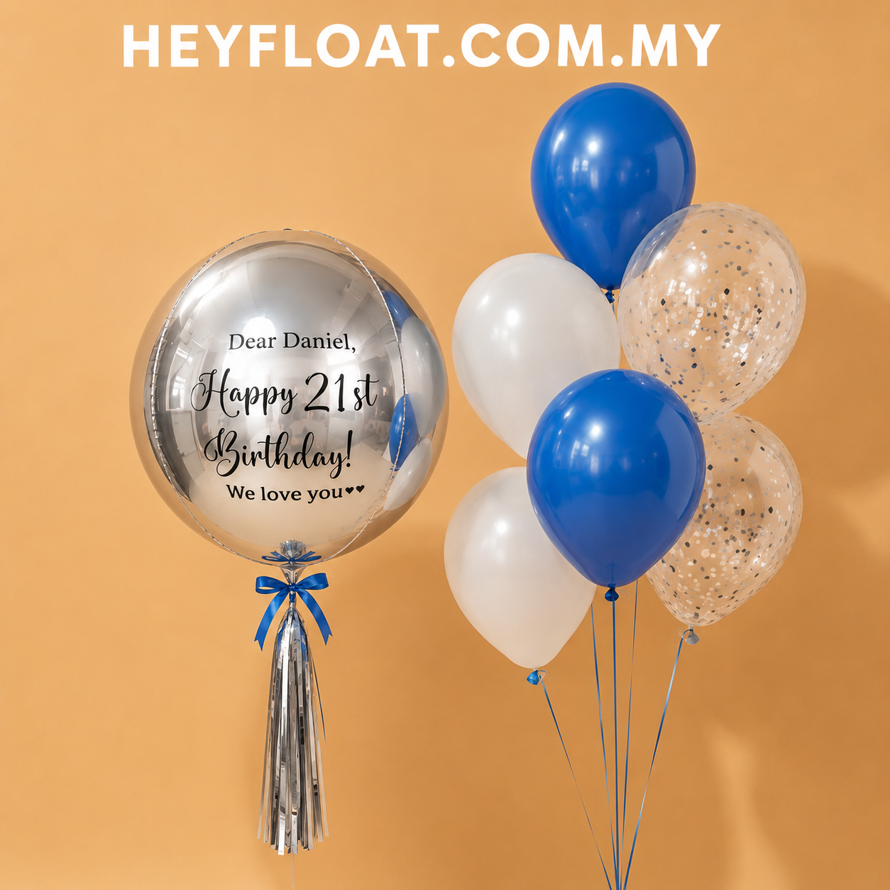 Ronan personalised Orbz birthday balloon bunch in blue and silver Penang Malaysia