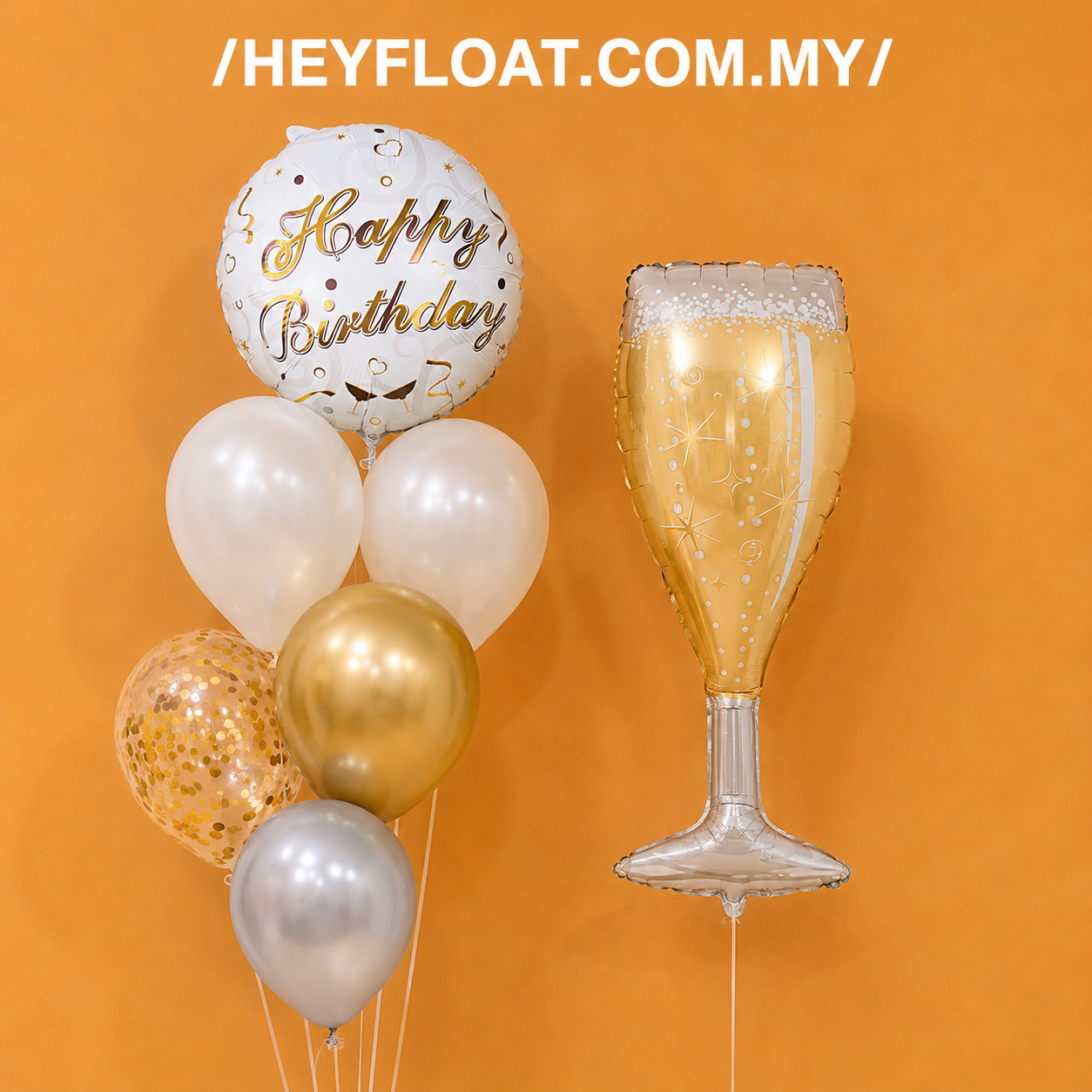 Gold and white wine glass balloon bunch for birthday celebration Malaysia