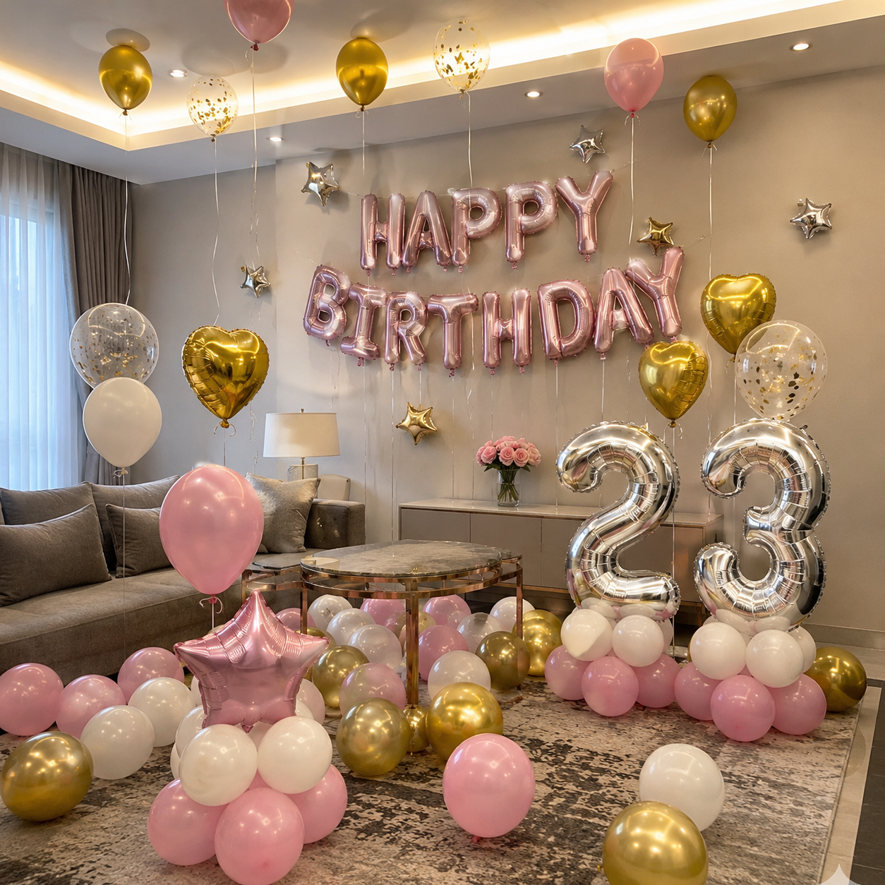 Anastasia birthday balloon decoration package with pink white gold balloons and birthday number balloons Malaysia