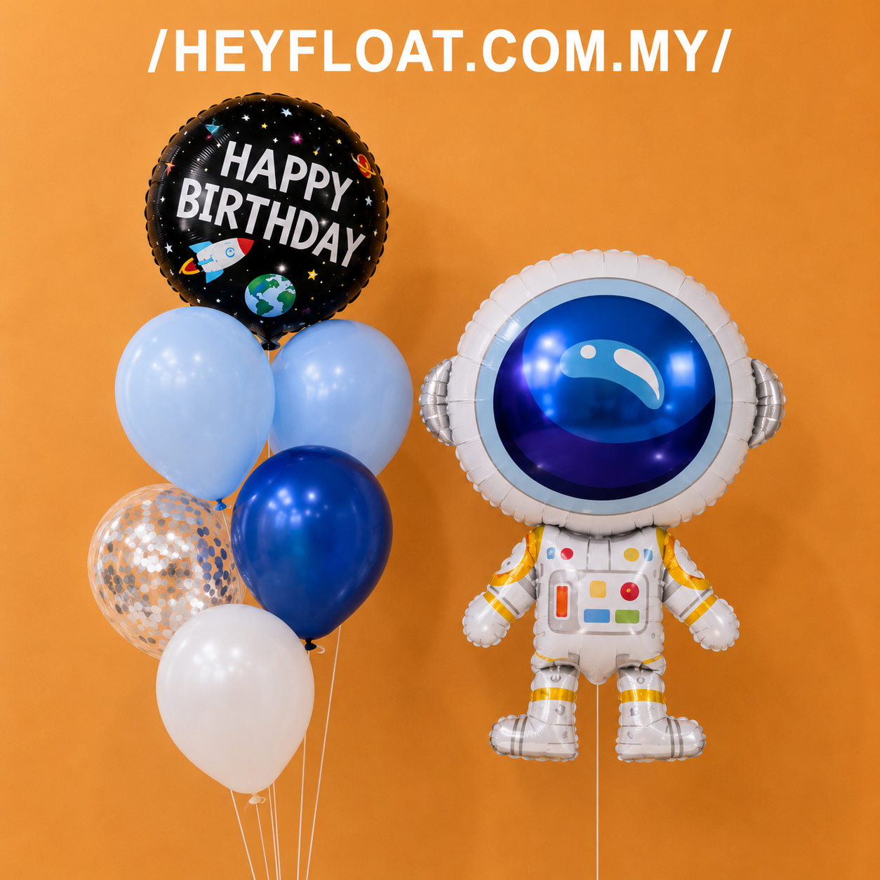 Astronaut birthday balloon bunch with space-themed foil balloons and blue balloons in Penang
