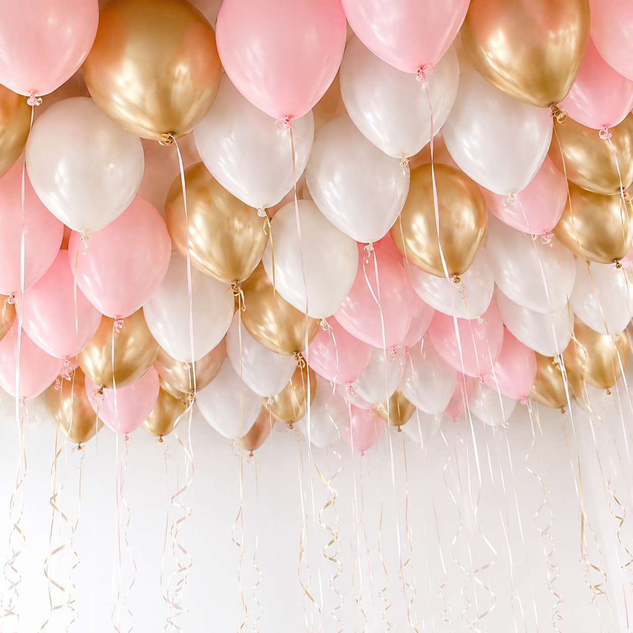 Aurora 50 pink white and gold latex ceiling balloons with curling ribbons in Malaysia