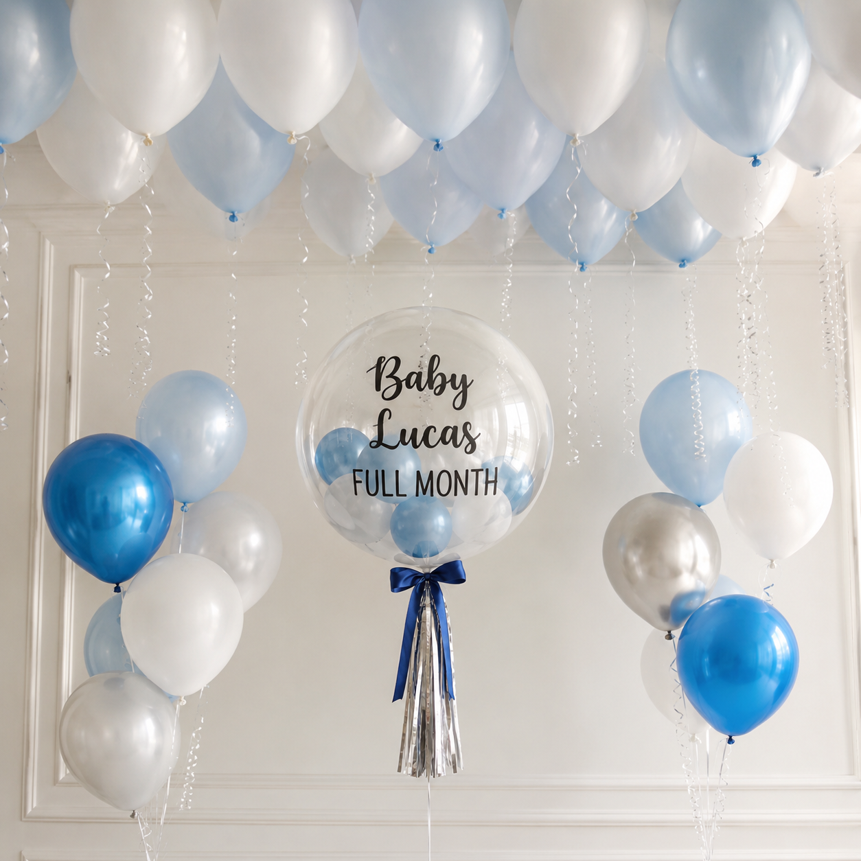 Baby Blue DIY balloon package with blue white metallic balloons and personalised bubble balloon in Malaysia