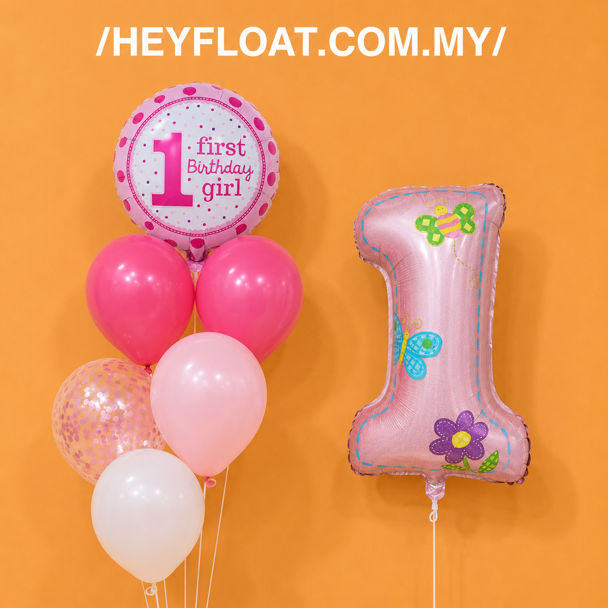 1st Birthday Girl balloon bunch with pink number foil and pastel balloons Malaysia