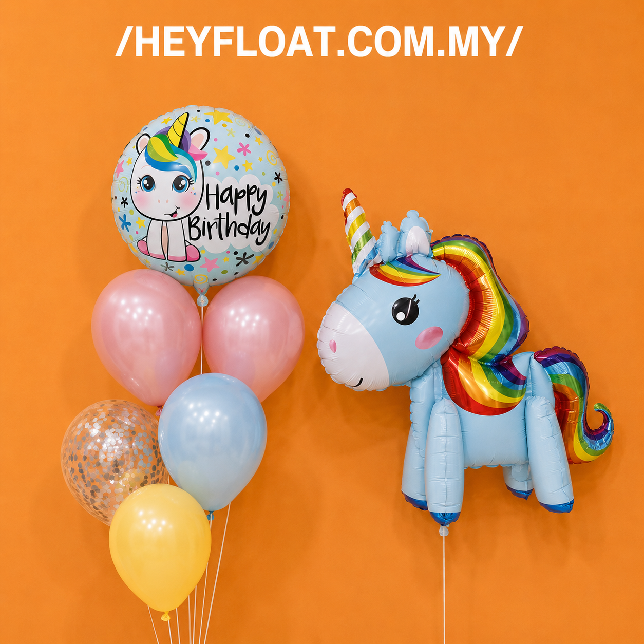 Baby Unicorn balloon bunch with pastel balloons and confetti for a birthday celebration in Penang Malaysia