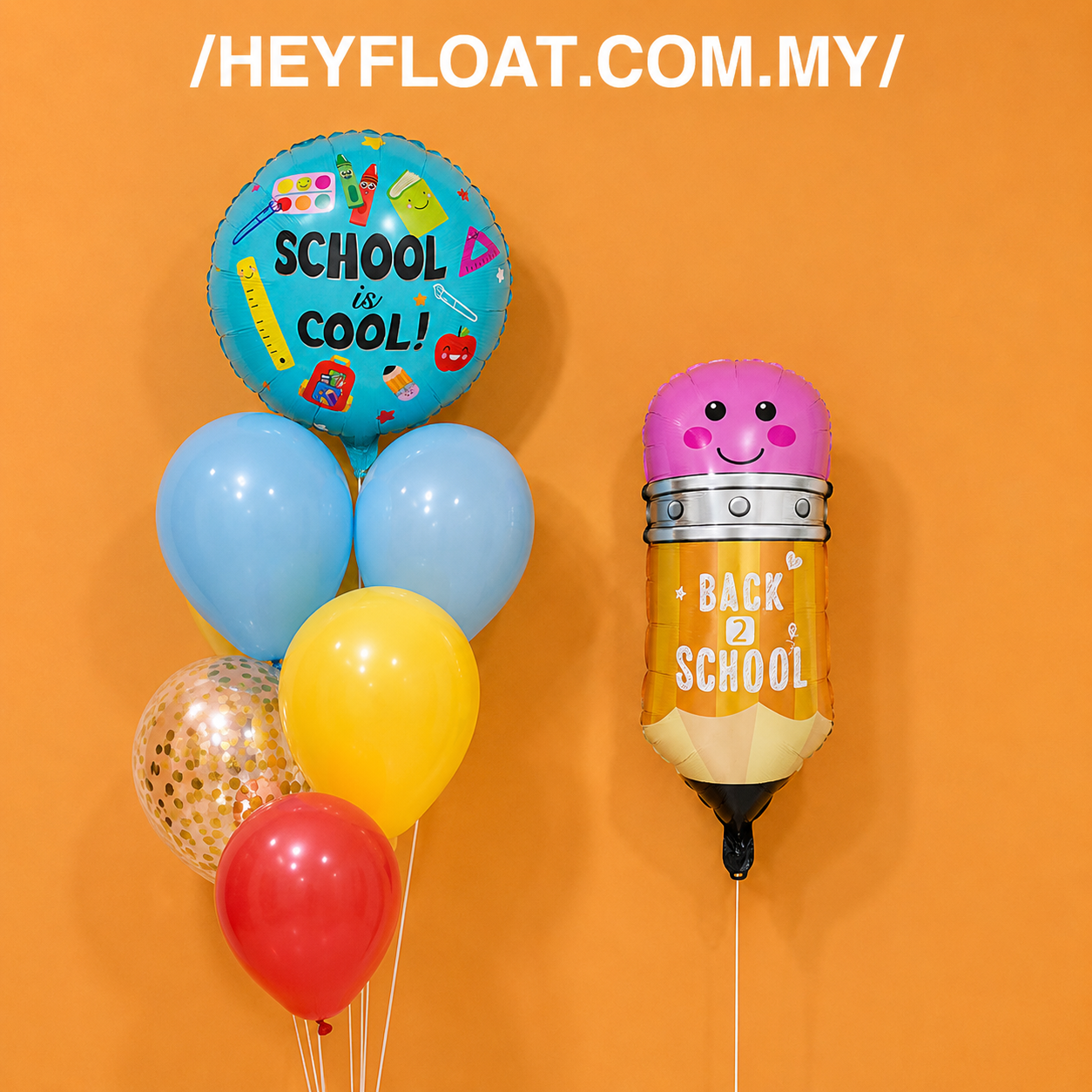 Back to School pencil balloon bunch with blue yellow red balloons and confetti Malaysia