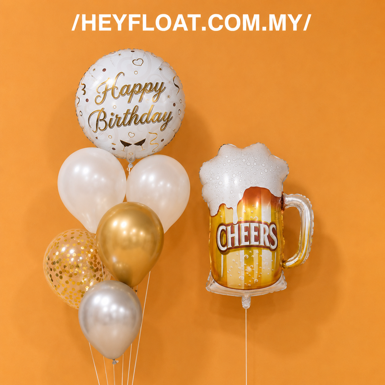 Beer mug birthday balloon bunch with white gold balloons and confetti Malaysia
