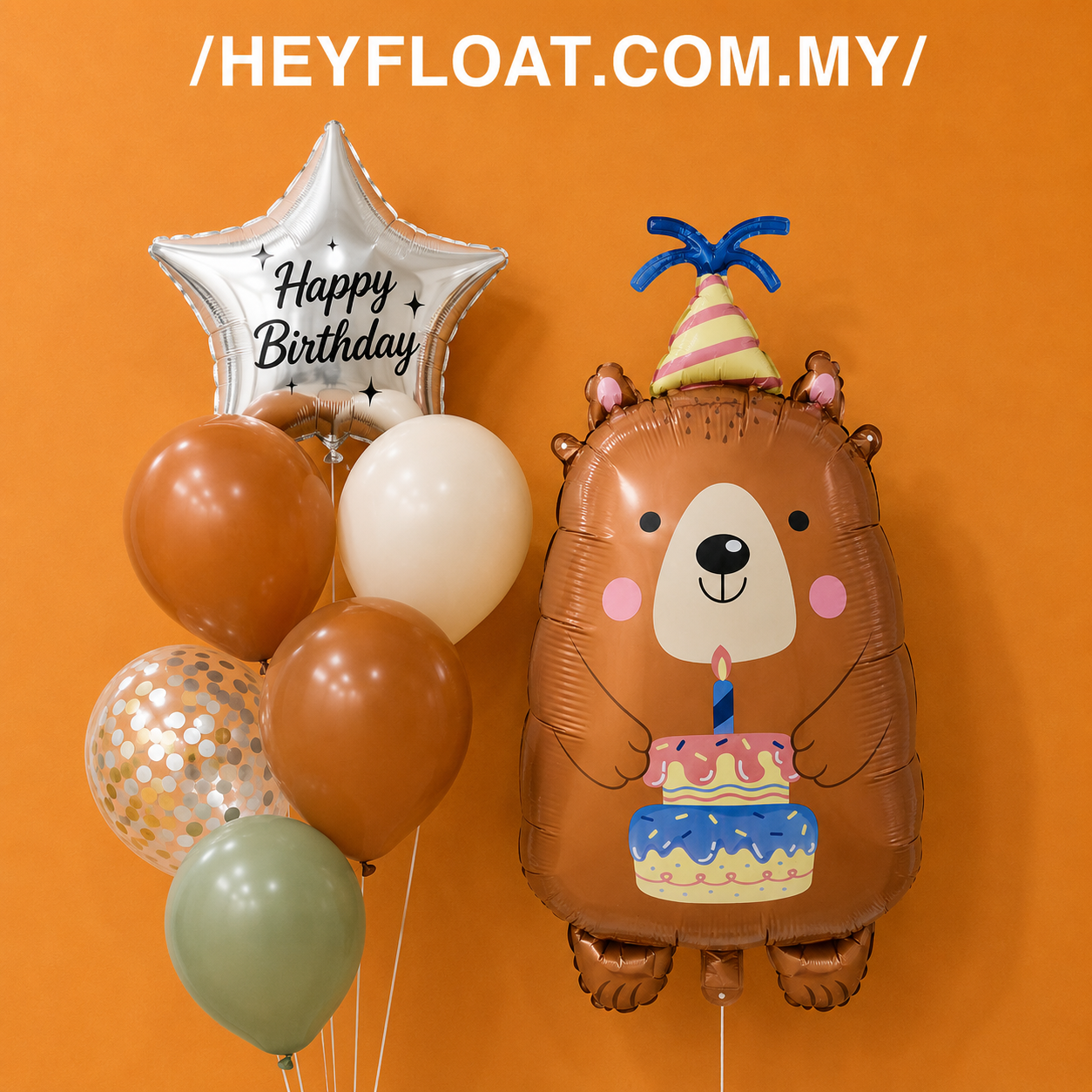Birthday bear balloon bunch with Happy Birthday star balloon and confetti in Malaysia