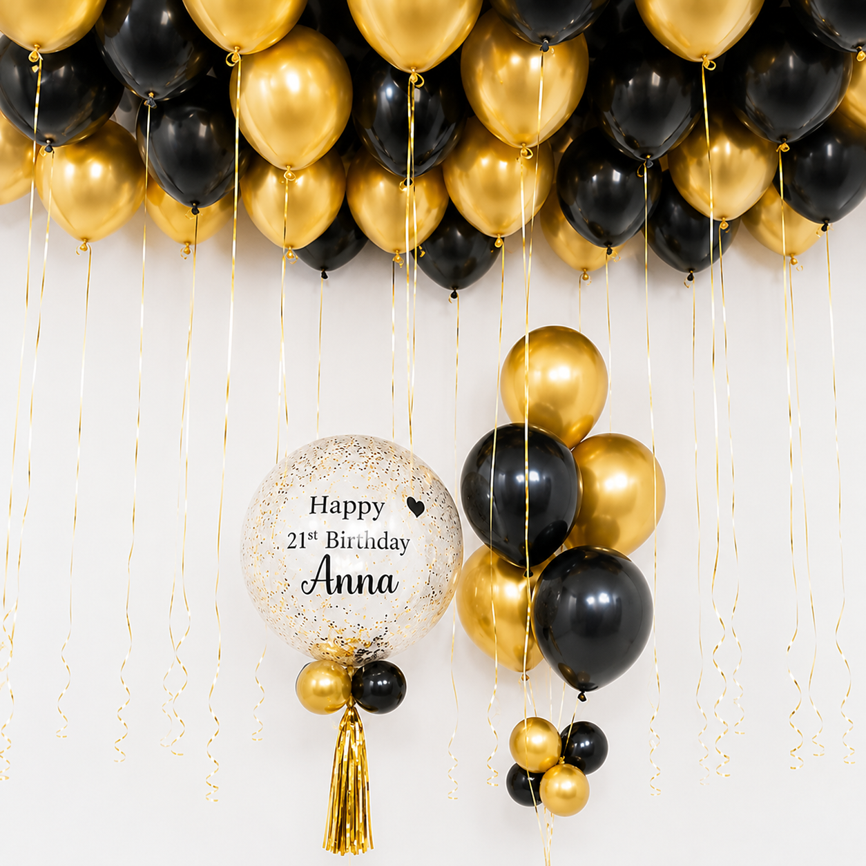 Blackwell black and gold birthday ceiling balloon DIY package with personalised bubble balloon in Malaysia