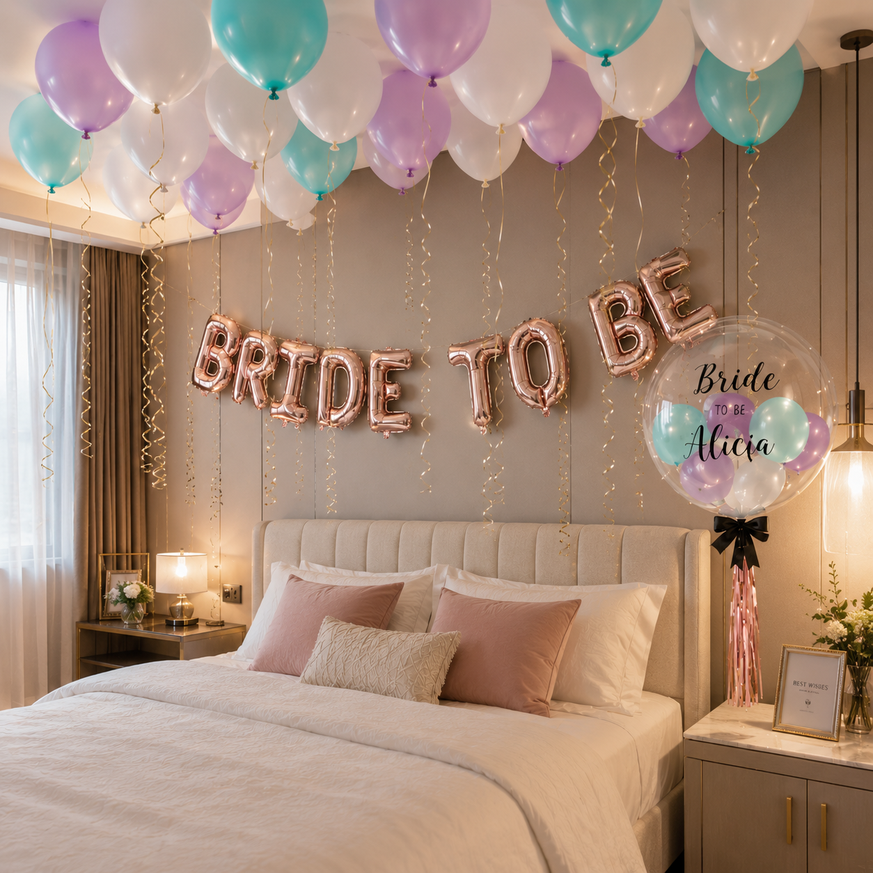 Bliss bridal ceiling balloon DIY package with pastel balloons and rose gold Bride To Be balloon letters in Malaysia
