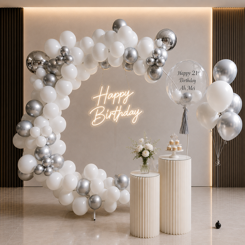Blush Bloom balloon decoration with rose gold balloons and Happy Birthday neon sign Malaysia