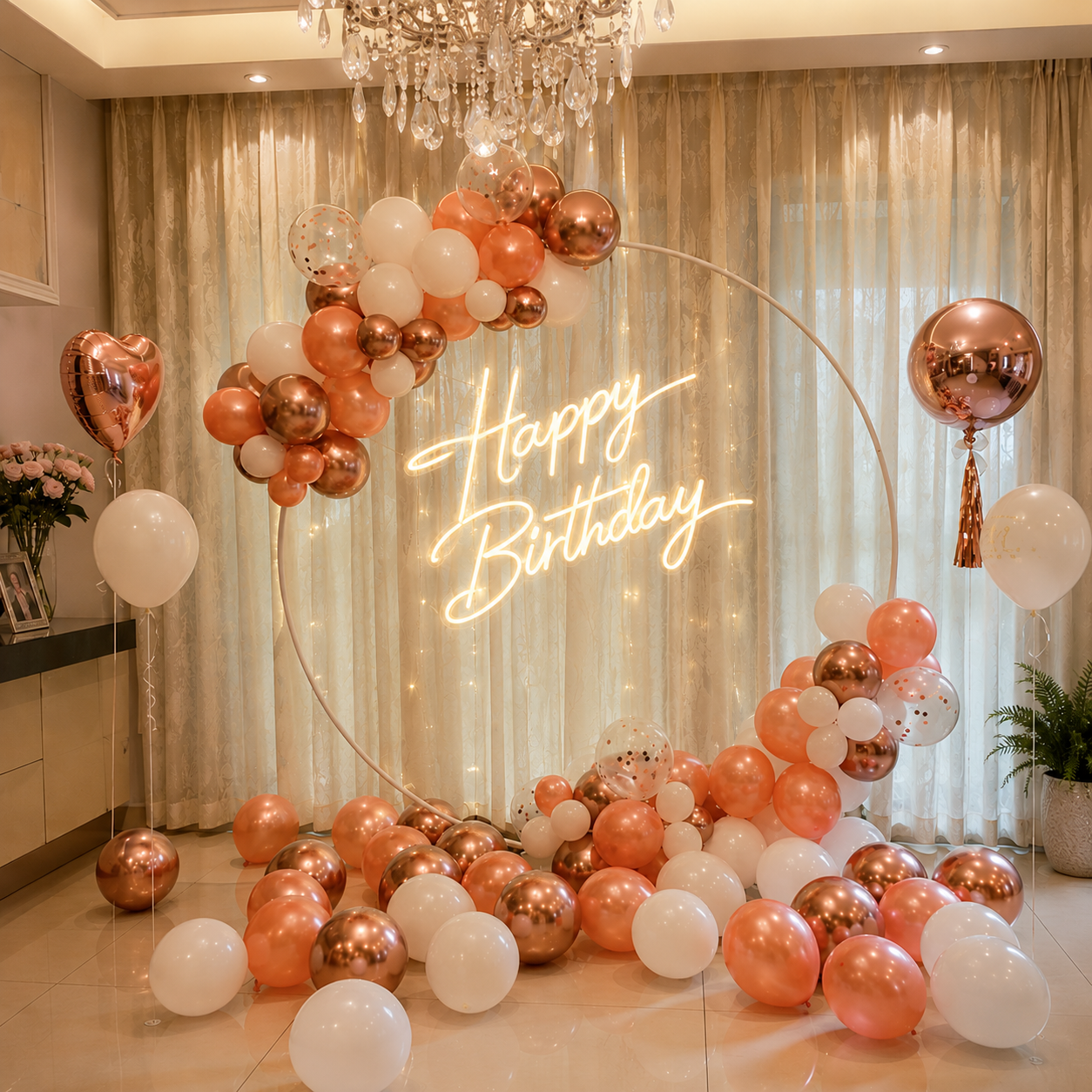 Blush Bloom birthday balloon decoration package with blush pink white rose gold balloons and glowing Happy Birthday backdrop Malaysia