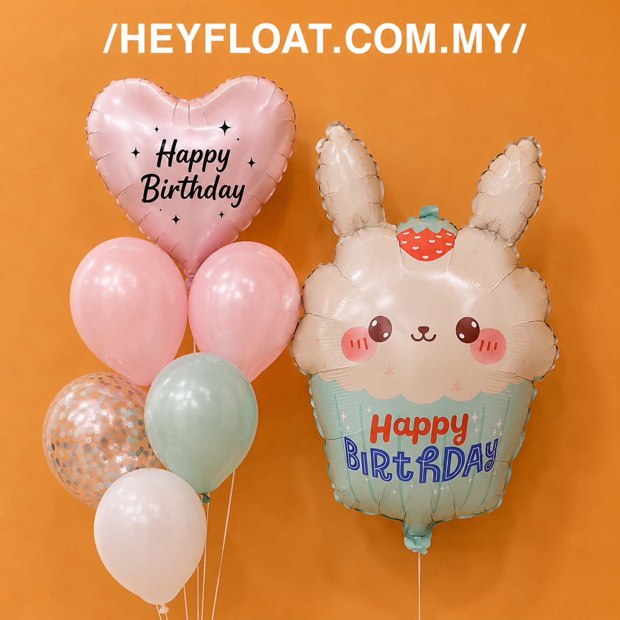 Cupcake bunny birthday balloon bunch with pastel balloons and confetti in Malaysia