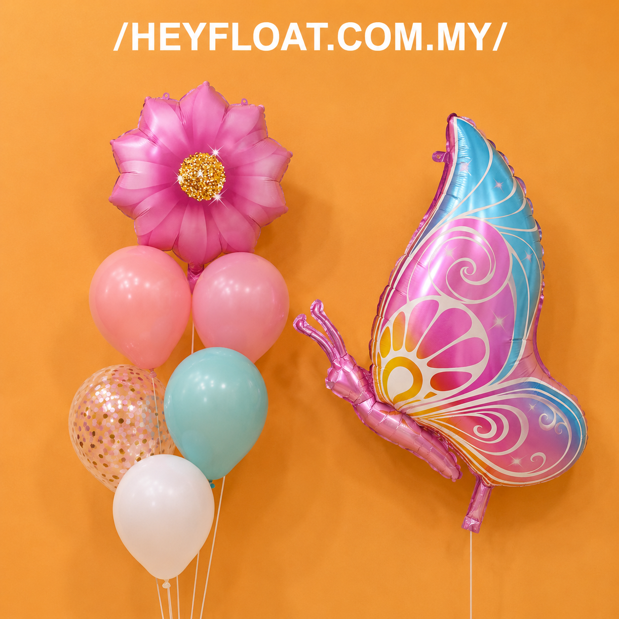 Pink butterfly balloon bunch with flower foil and pastel balloons Malaysia