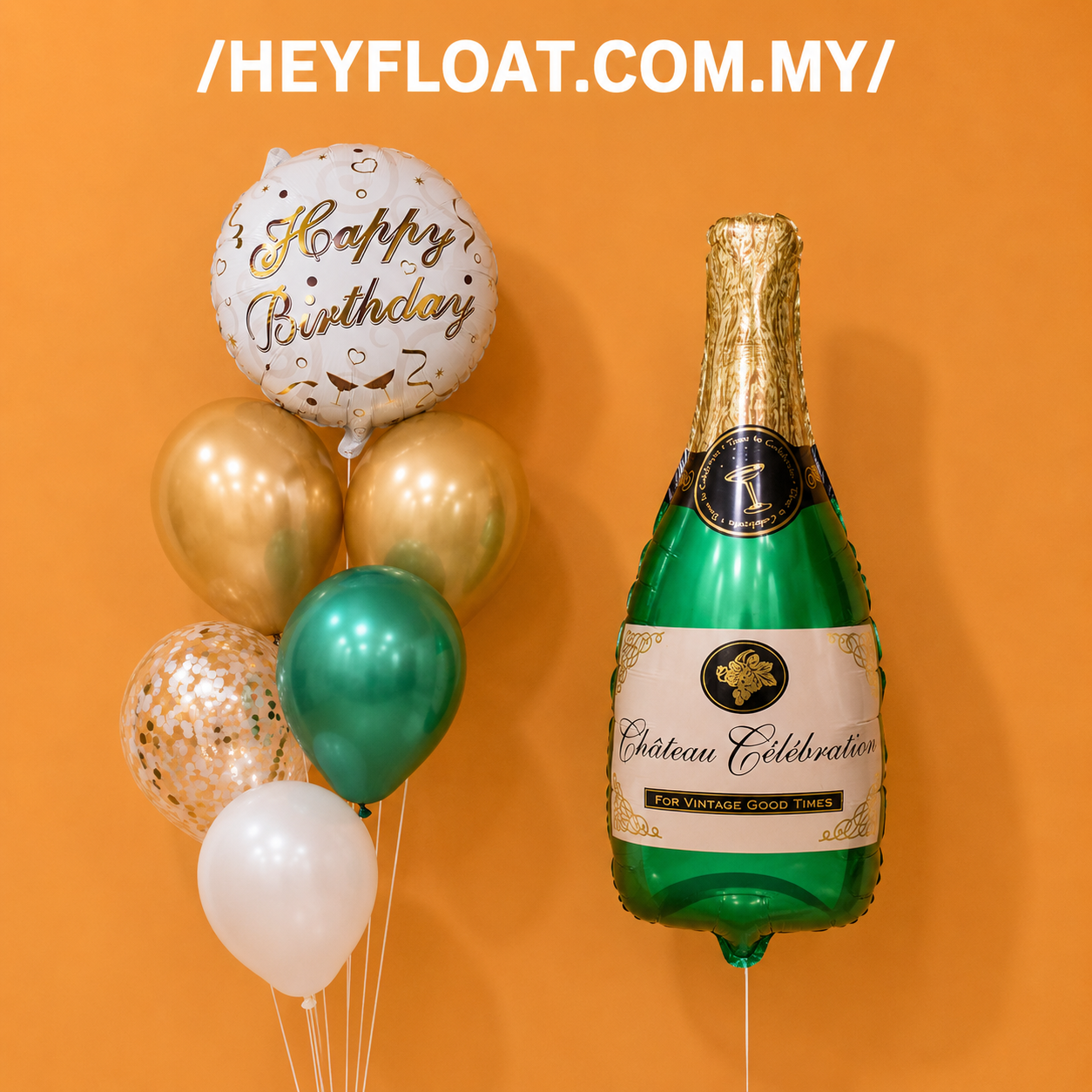 Champagne bottle birthday balloon bunch with gold green white balloons Malaysia