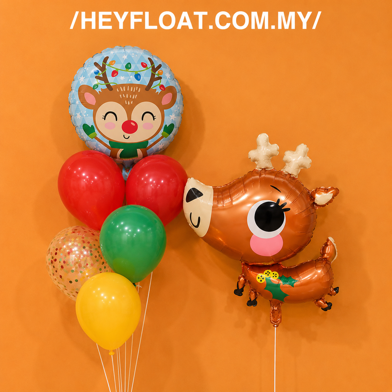 Christmas reindeer balloon bunch with red green yellow balloons and festive foil Malaysia