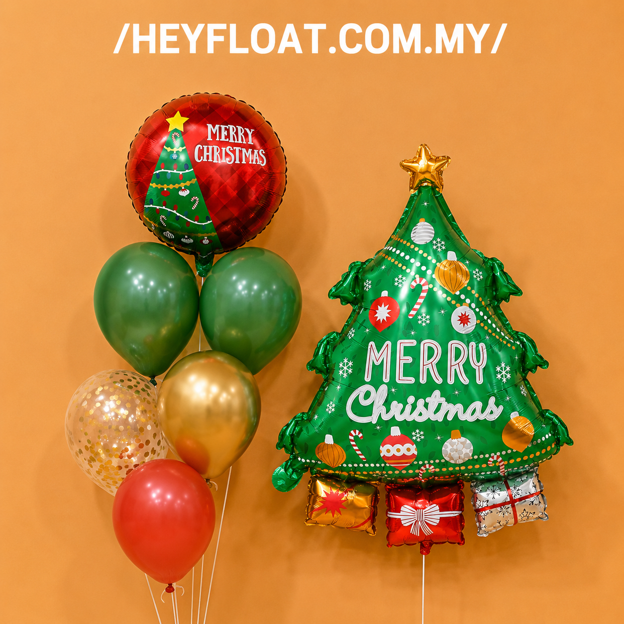 Christmas tree balloon bunch with Merry Christmas foil, green red and gold balloons Malaysia