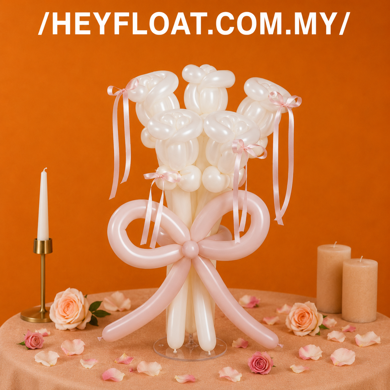 Classic Rose Balloon Bouquet with Handmade White Balloon Roses and Pink Ribbon Malaysia