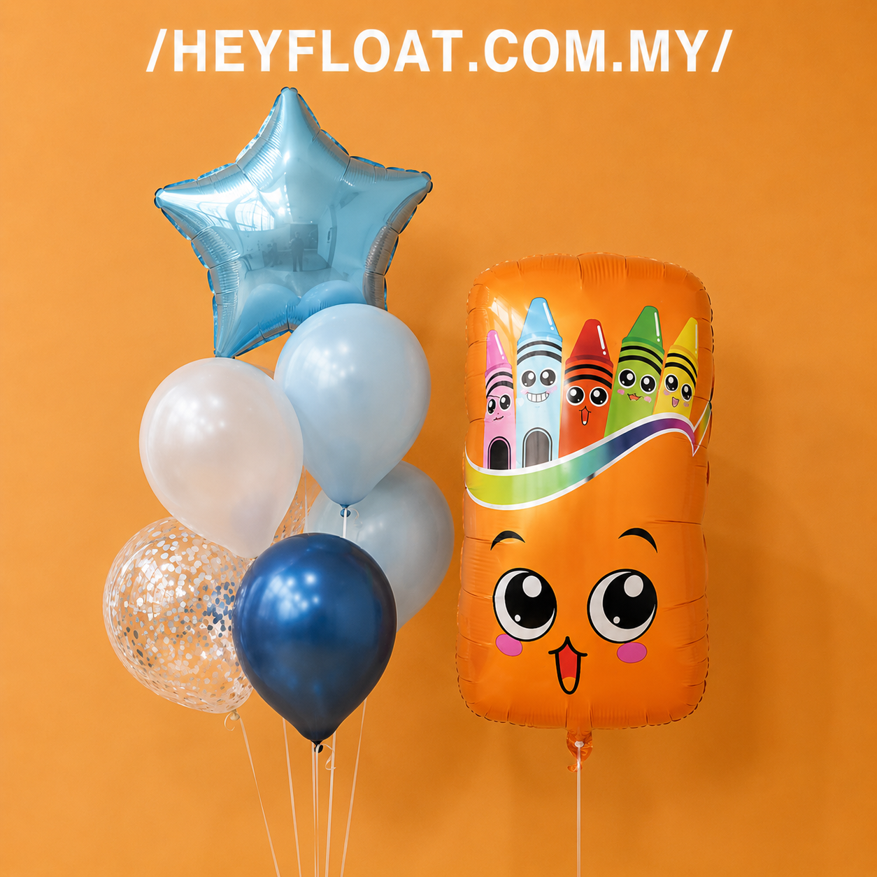 Cute crayon balloon bunch with blue star and pastel balloons for kids Malaysia