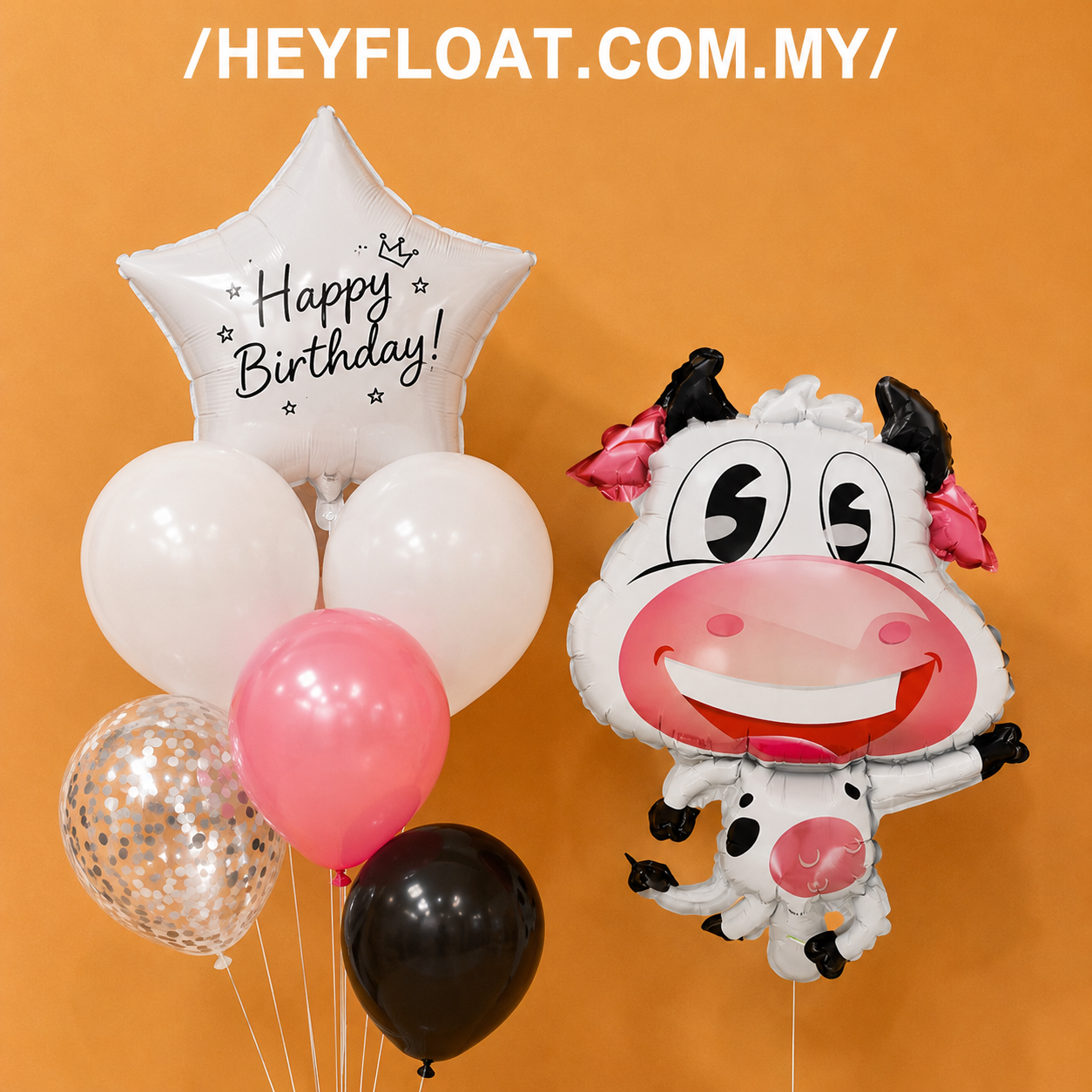 Cute cow birthday balloon bunch with white pink and black balloons Malaysia