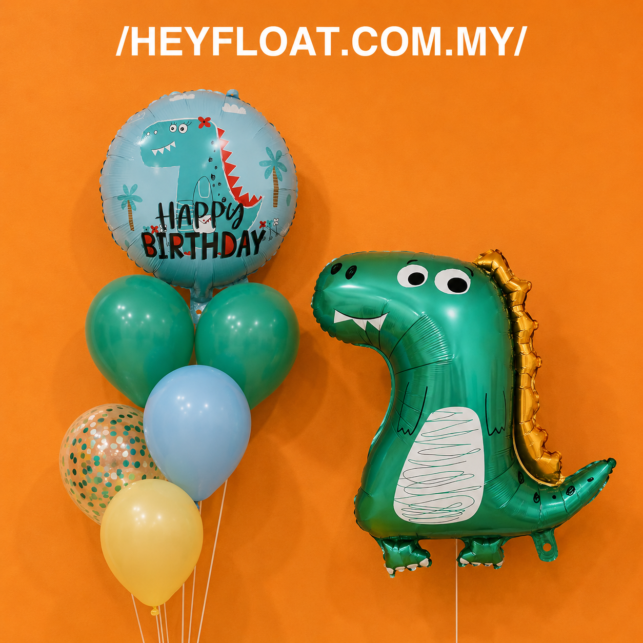 Dinosaur birthday balloon bunch with green, blue, yellow balloons and Happy Birthday foil Malaysia